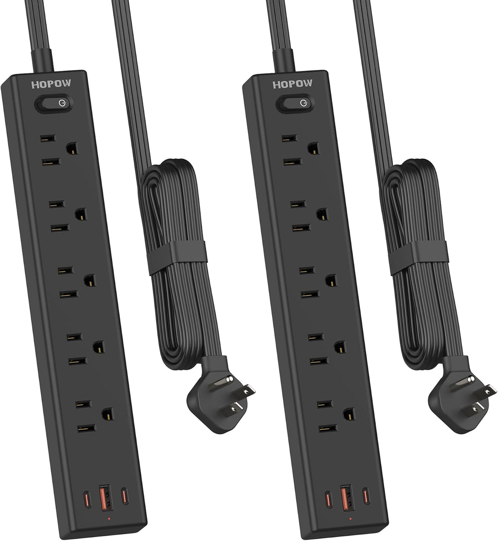 Flat Plug Power Strip, 2 Pack, 5 Ft Ultra Thin Flat Extension Cord, Surge Protector with 5 Outlets & 3 USB Ports (2 USB C Slots), 1700 Joules, 3-Prong, Wall Mount for Home Office Dorm, Black