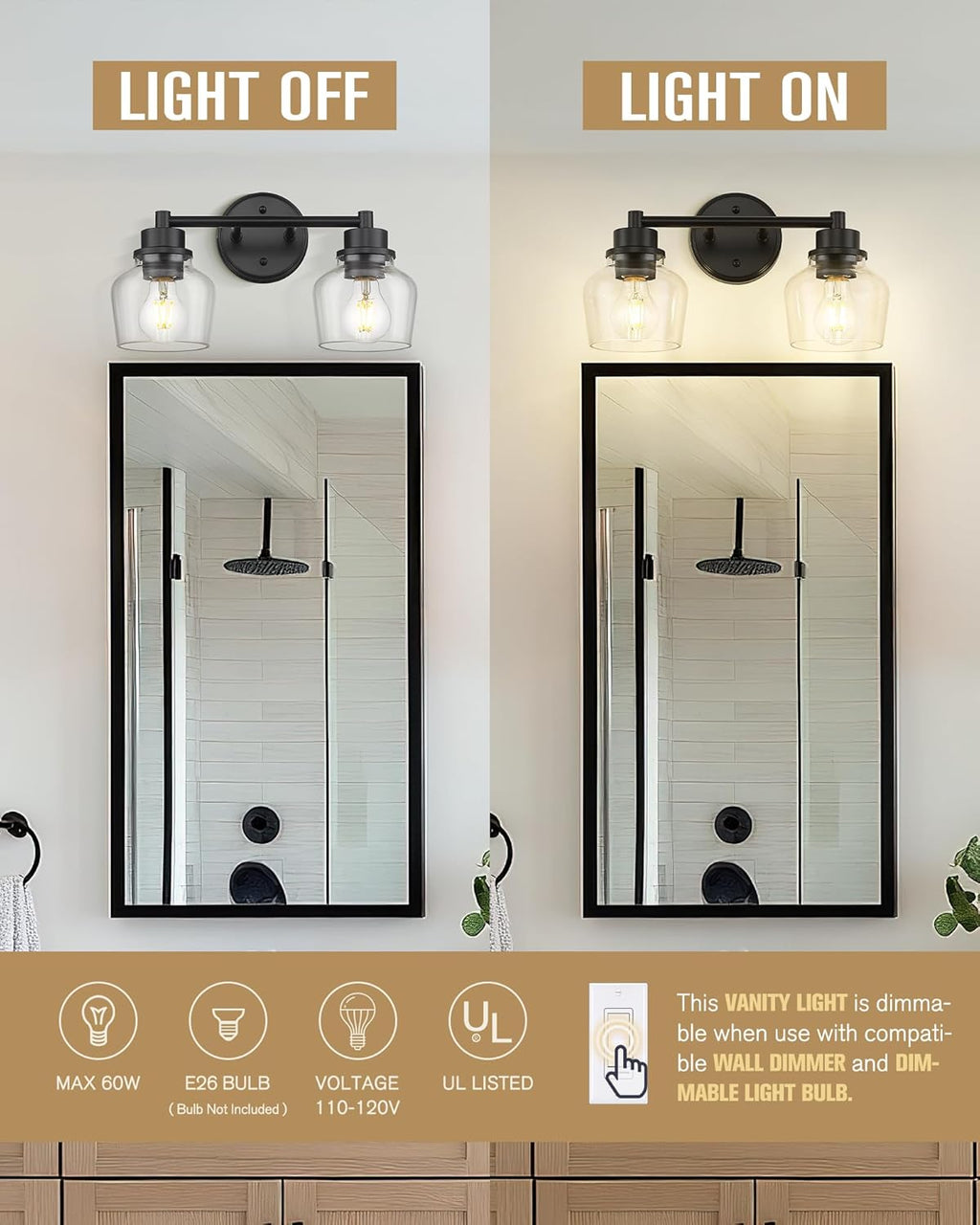 Emak Modern Black Bathroom Lights, Farmhouse Vanity Lighting Fixtures with Clear Glass Shade, 2-Light Vanity Lights for Bathroom, Makeup Desk, Mirror, VL122-BK-CG-2