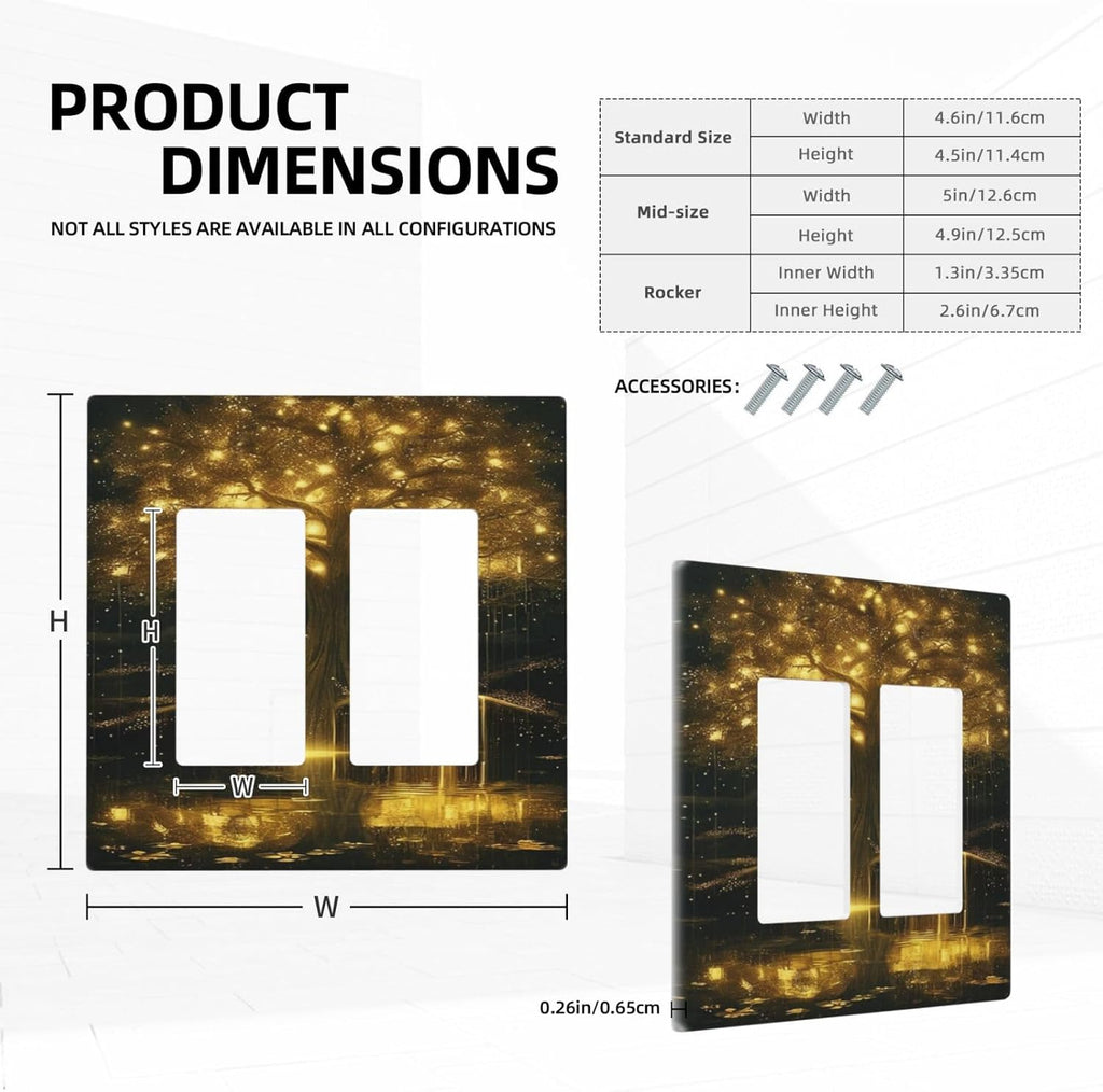 Decorative Outlet Covers Golden Shining Fantasy Kabbalah Tree of Life 2 Gang Light Switch Cover Plate Double Rocker Wall Plate Switch Plate Covers Faceplate for Bedroom Home Decor