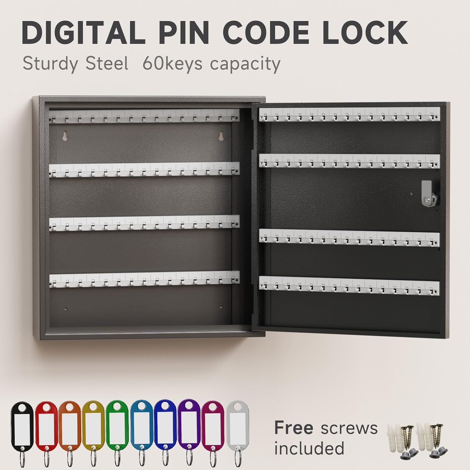 WeHere Key Lock Box for 120 Keys, Wall Mount Key Cabinet with Color Key Tags, Steel Key Storage Box with Lock, Key Holder Organizer for Home, Office, Apartment, Property Management