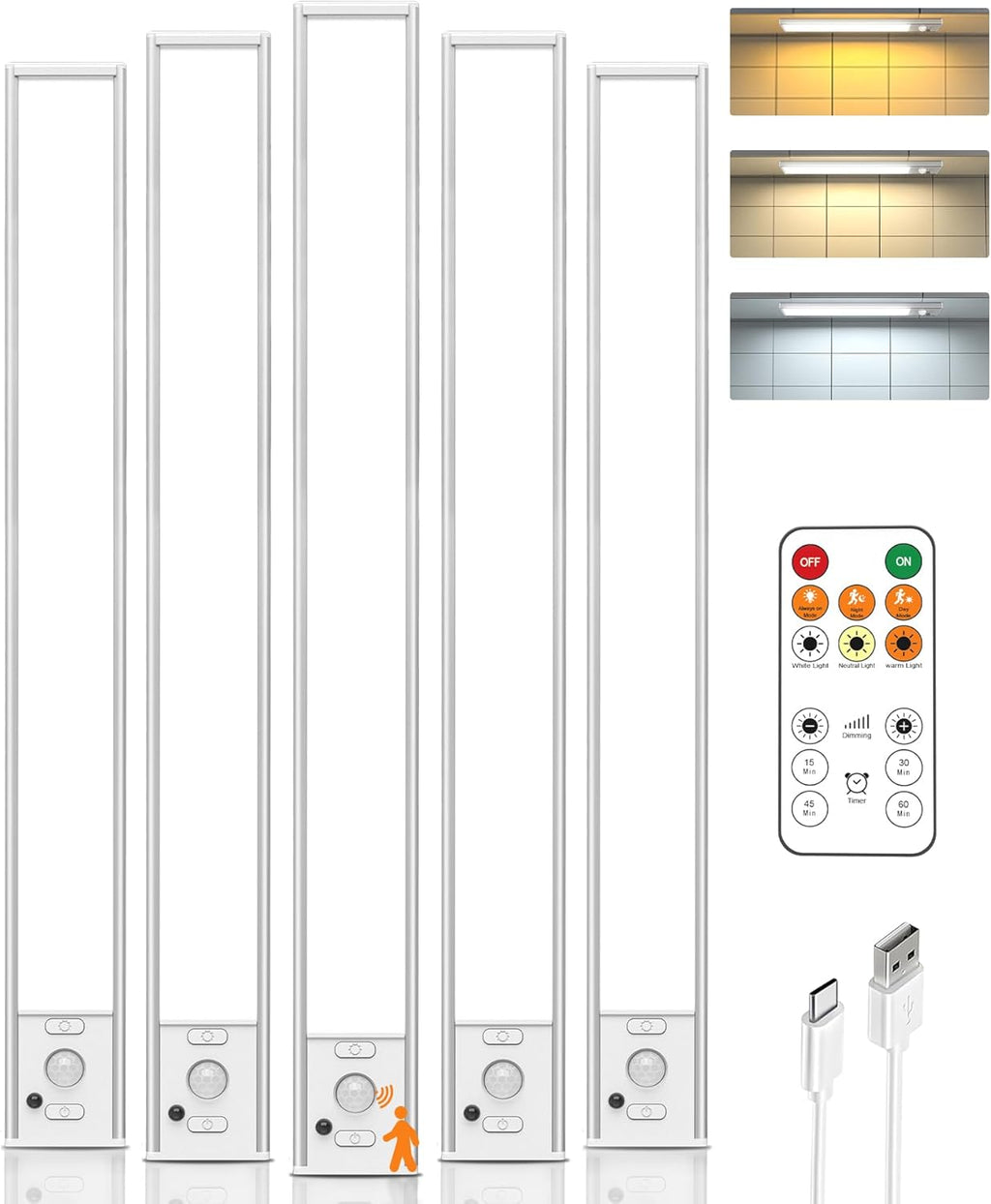 Under Cabinet Lights,80 LED Motion Sensor Light Indoor,4000mAh USB Rechargeable Closet Lights with Remote Control,3 Color Temps Wireless Under Counter Lights for Bedroom,Kitchen,Stairs,5 Pack