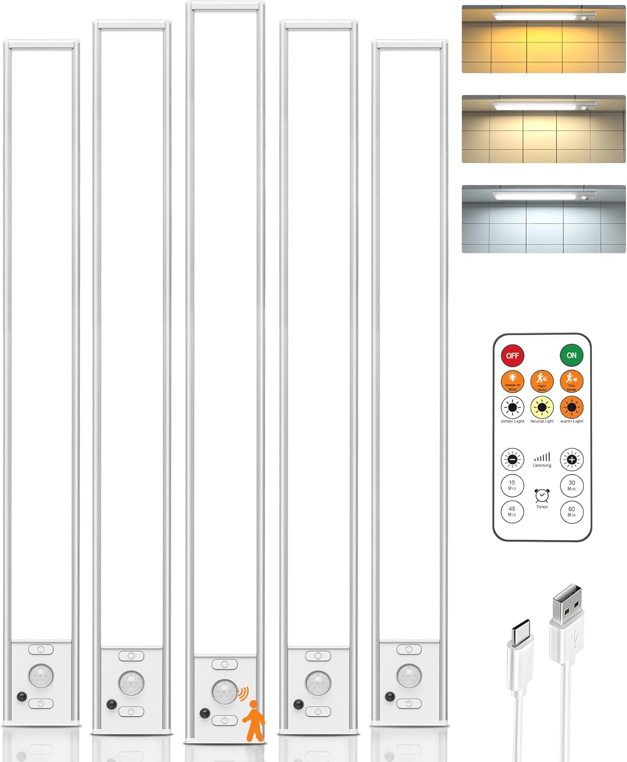 Under Cabinet Lights,80 LED Motion Sensor Light Indoor,4000mAh USB Rechargeable Closet Lights with Remote Control,3 Color Temps Wireless Under Counter Lights for Bedroom,Kitchen,Stairs,5 Pack
