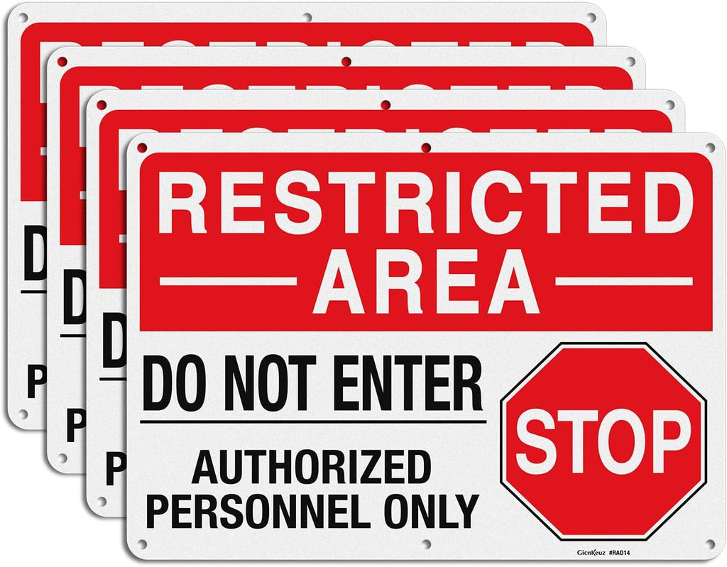 GicnKeuz Large "Restricted Area - Do Not Enter, Authorized Personnel Only" Metal Signs, 14 x 10 Inches Reflective Aluminum Signs, Fade Resistant/Waterproof, Easy to Install, Outdoor Use (4-Pack)