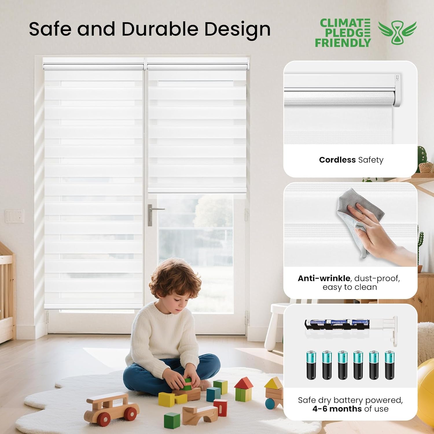 Grandekor Motorized Zebra Blinds with Remote Control,Smart Zebra Blinds for Windows,Electric Zebra Shades, White,46" W x 72" H