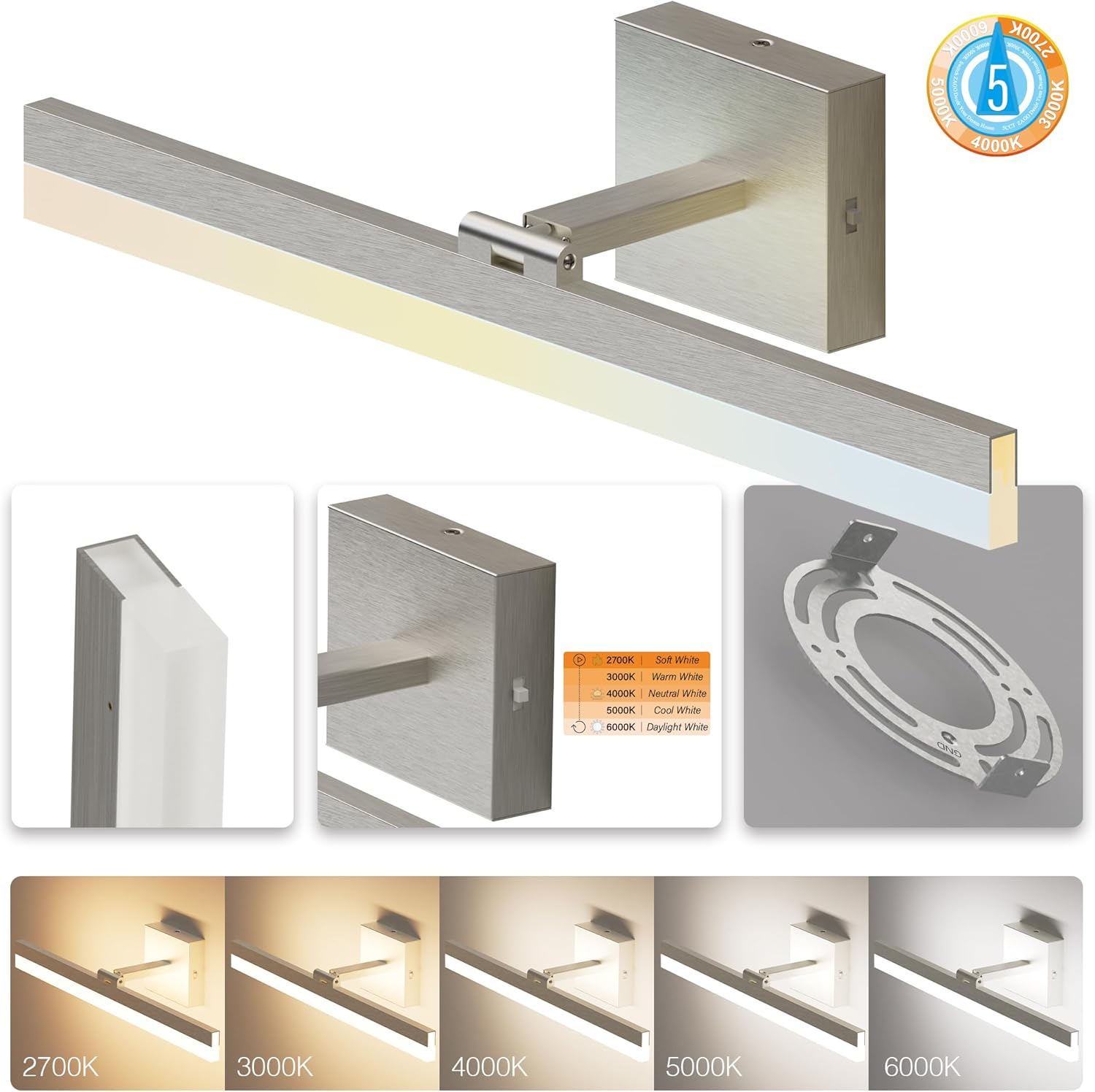 ZAGO 24 Inch Bathroom Vanity Light Fixtures Over Mirror - LED Modern Rotational Wall Mounted Adjustable Hardwired Picture Lighting Bar with 5CCT Switchable, ETL & Damp Rated, Black, 2-Pack