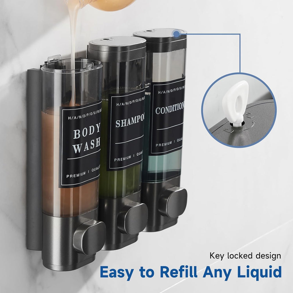Shampoo and Conditioner Dispenser,Shower Dispenser 3 Chamber No Drill Wall-Mounted Shampoo Dispenser for Shower Wall Mounted Shower Soap Dispenser for Bathroom Hotel 3X300ML,Gun Grey