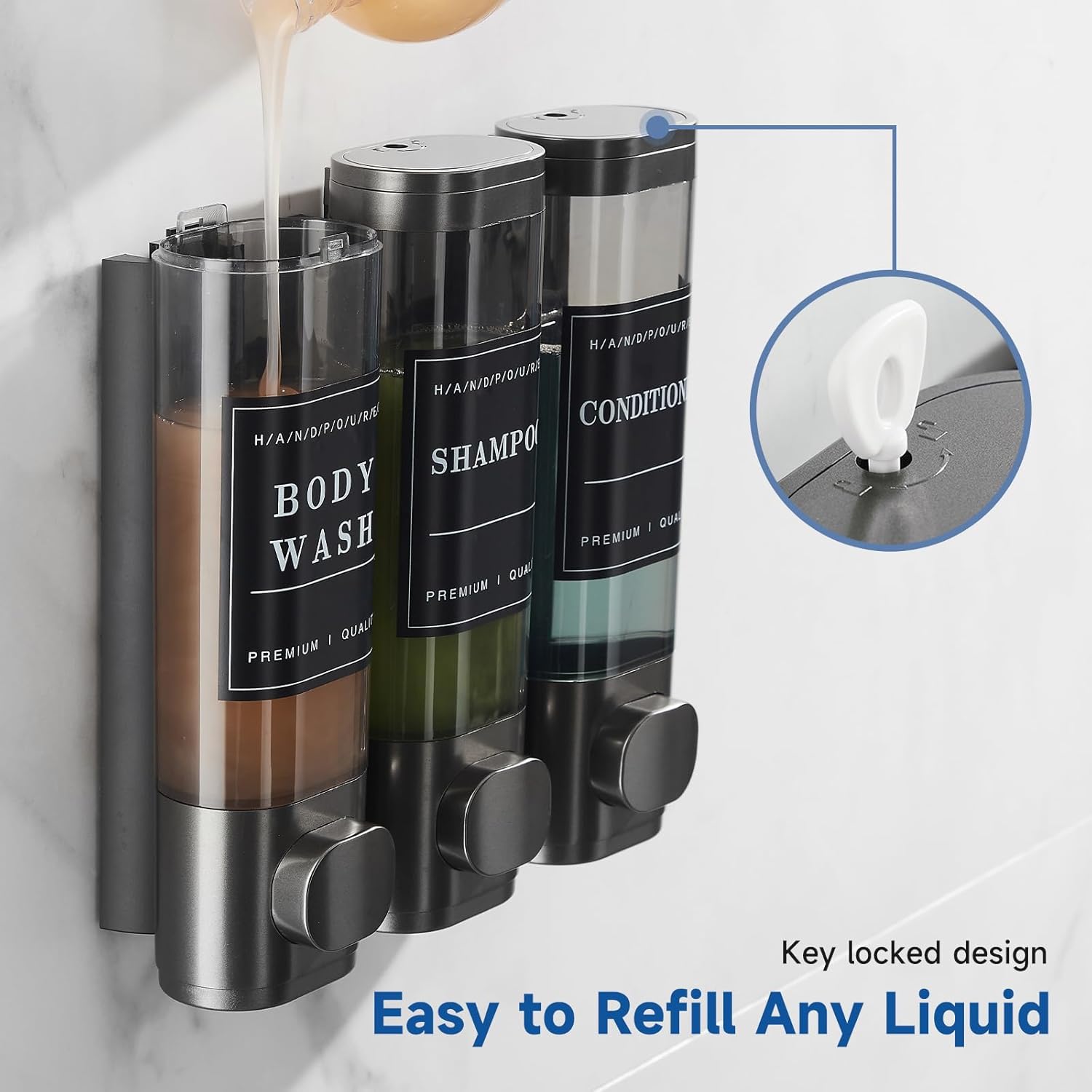 Shampoo and Conditioner Dispenser,Shower Dispenser 3 Chamber No Drill Wall-Mounted Shampoo Dispenser for Shower Wall Mounted Shower Soap Dispenser for Bathroom Hotel 3X300ML,Gun Grey