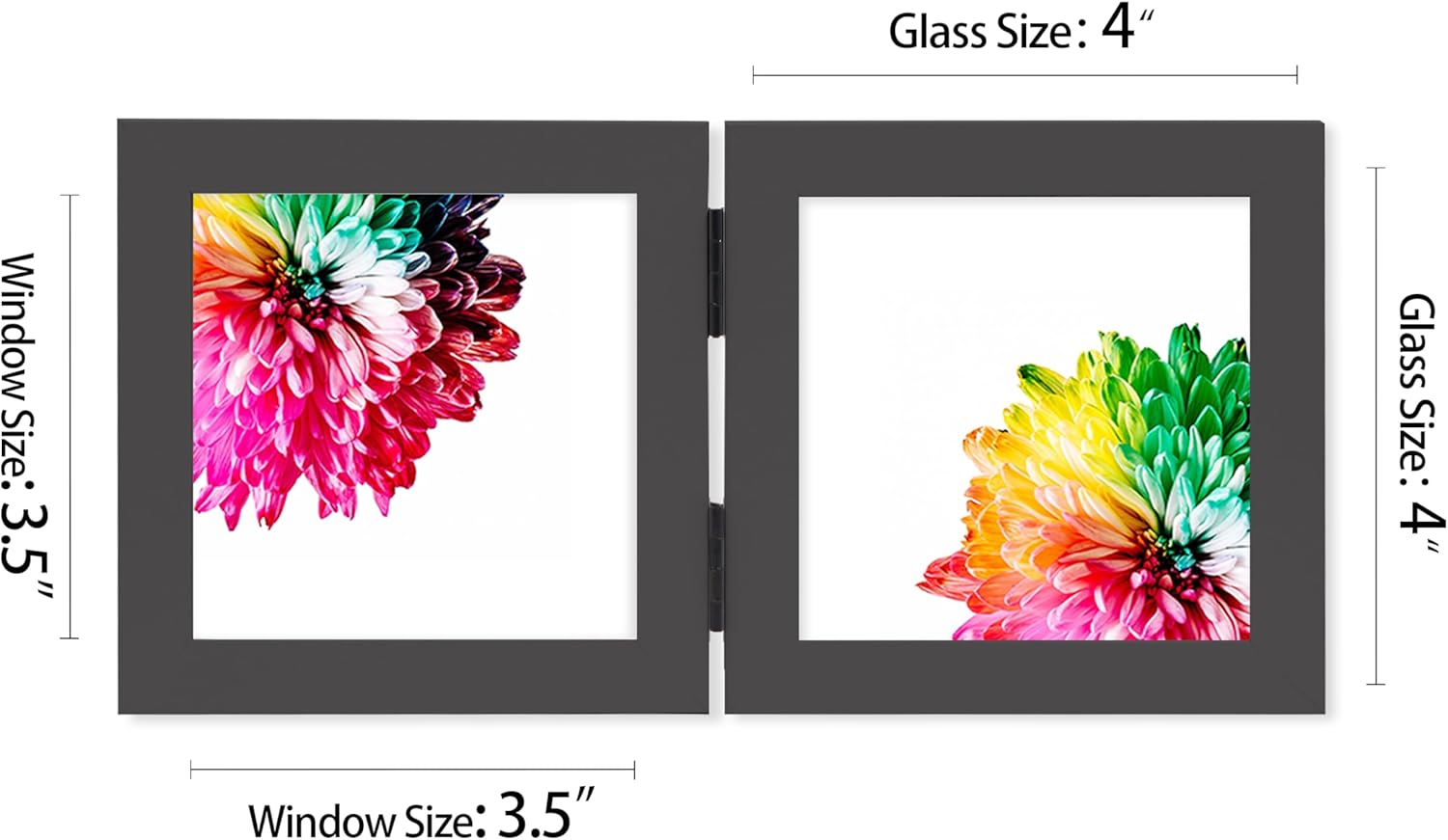 Double 4x4 Square Combo, Black Wood Picture Frame, 3.5x3.5 Opening Foldable Photo Frame on Table-top or Wall