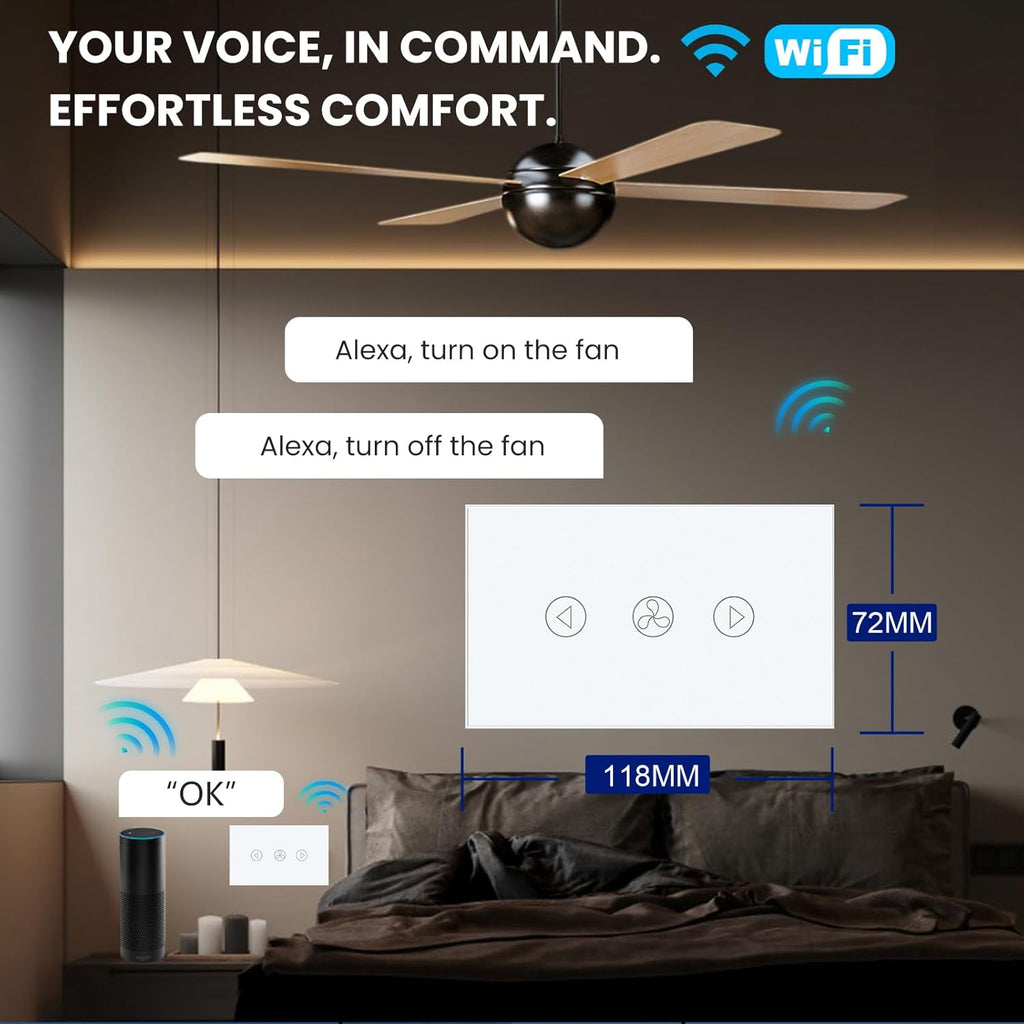 Smart Fan Switch 118X72X34MM Need Neutral Wire, 2.4GHz WiFi,Tempered Glass Panel, Multi-Control Way Work with Alexa and Smart Life, White WiFi Fan