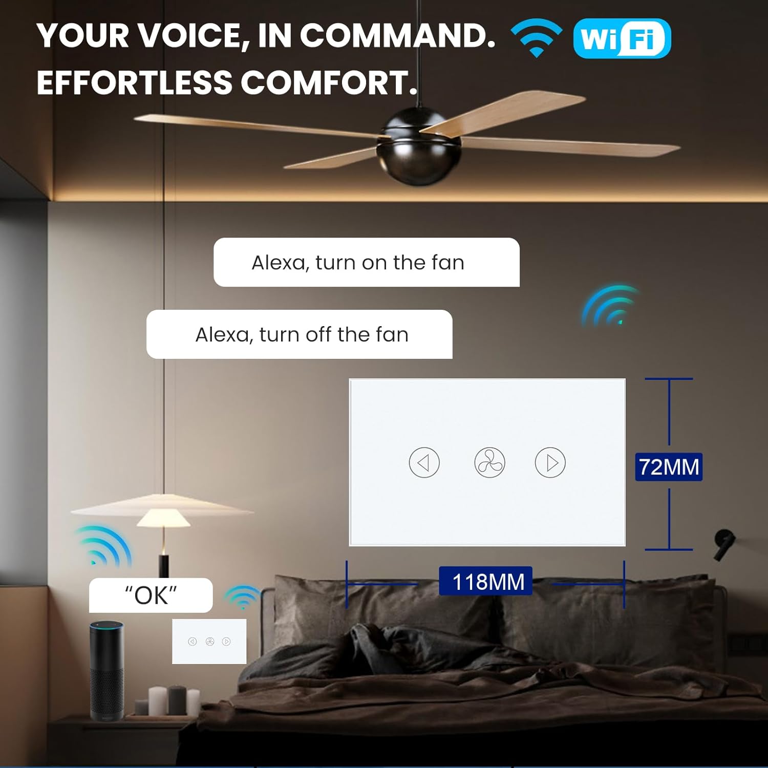 Smart Fan Switch 118X72X34MM Need Neutral Wire, 2.4GHz WiFi,Tempered Glass Panel, Multi-Control Way Work with Alexa and Smart Life, White WiFi Fan