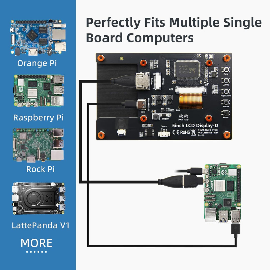 5 Inch HDMI Monitor 1024x600 LCD Touch Screen Display Mini Small Monitor for Raspberry Pi 5/4/3/2/B/B+, BB Black, Win 11/10/8/7