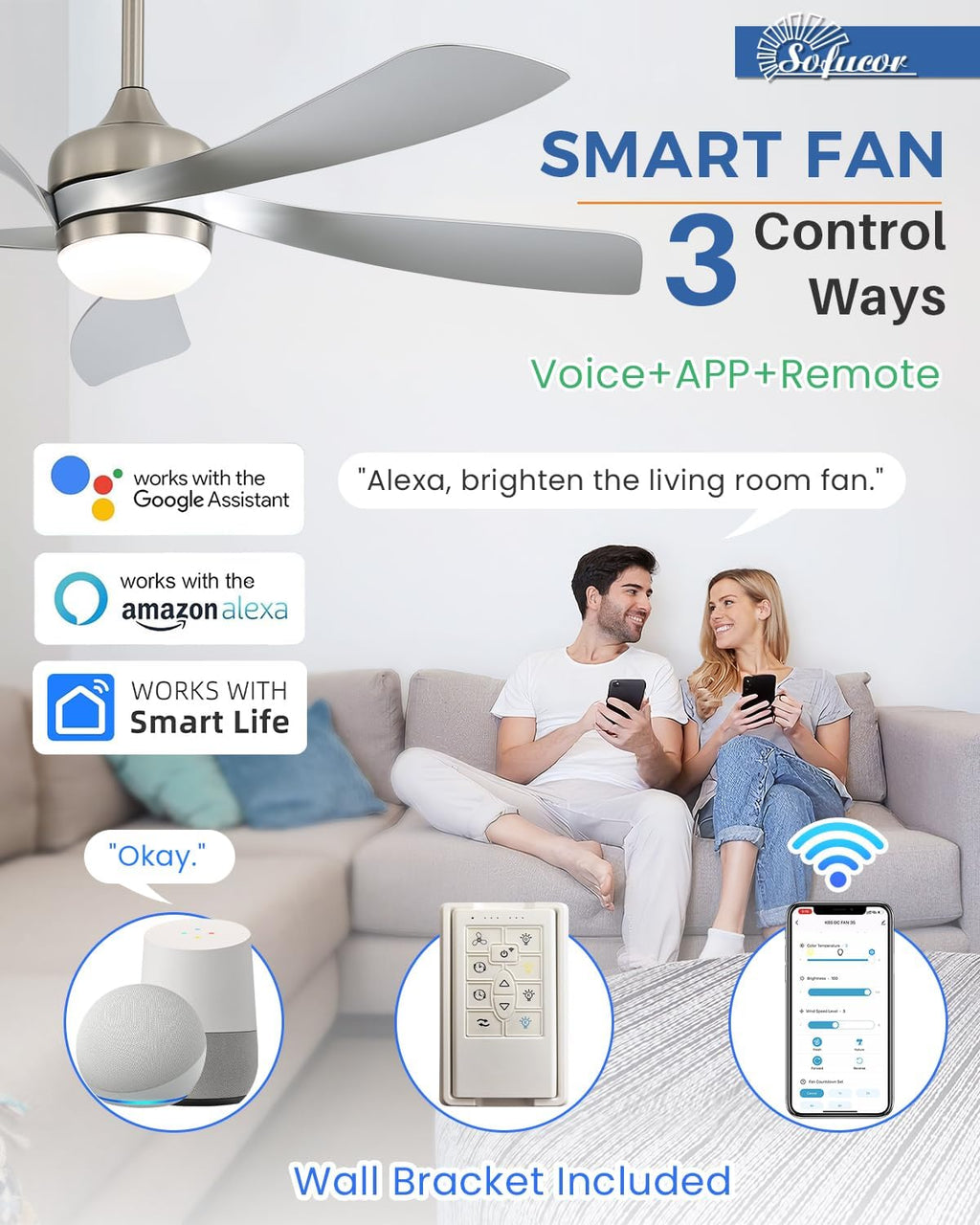 Sofucor 52" Smart Ceiling Fan, Indoor/Outdoor Ceiling Fans with Lights and Remote, Compatible with Alexa/Google/App, 3-Color Light 6-Speed Timing Reversible DC Motor for Bedroom Living Room Patio
