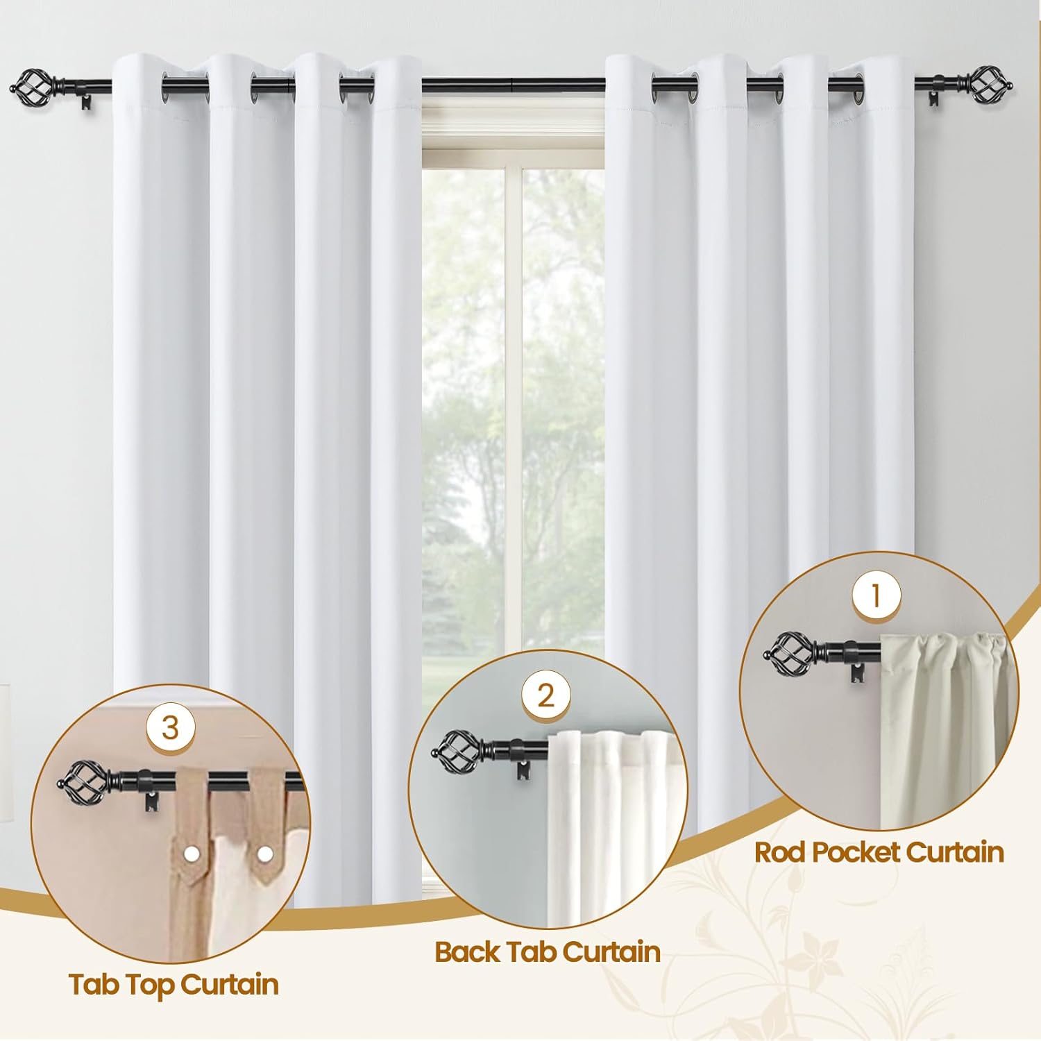 KAMANINA Black Curtain Rod 32 to 58 Inch(2.6-4.8ft), Adjustable Curtain Rods for Windows 28 to 48 Inch, 3/4 Inch Splicing Drapery Rods with Twisted Cage Finial