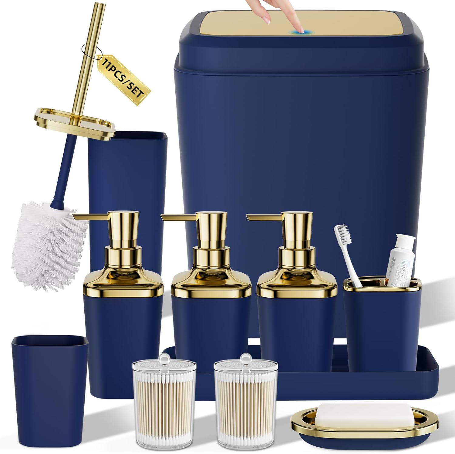 Bathroom Accessory Set, 11PC Bathroom Set, Navy Blue Bathroom Accessories, Bathroom Accessories Set with Trash Can, 3PC Soap Dispensers and Toilet Brush