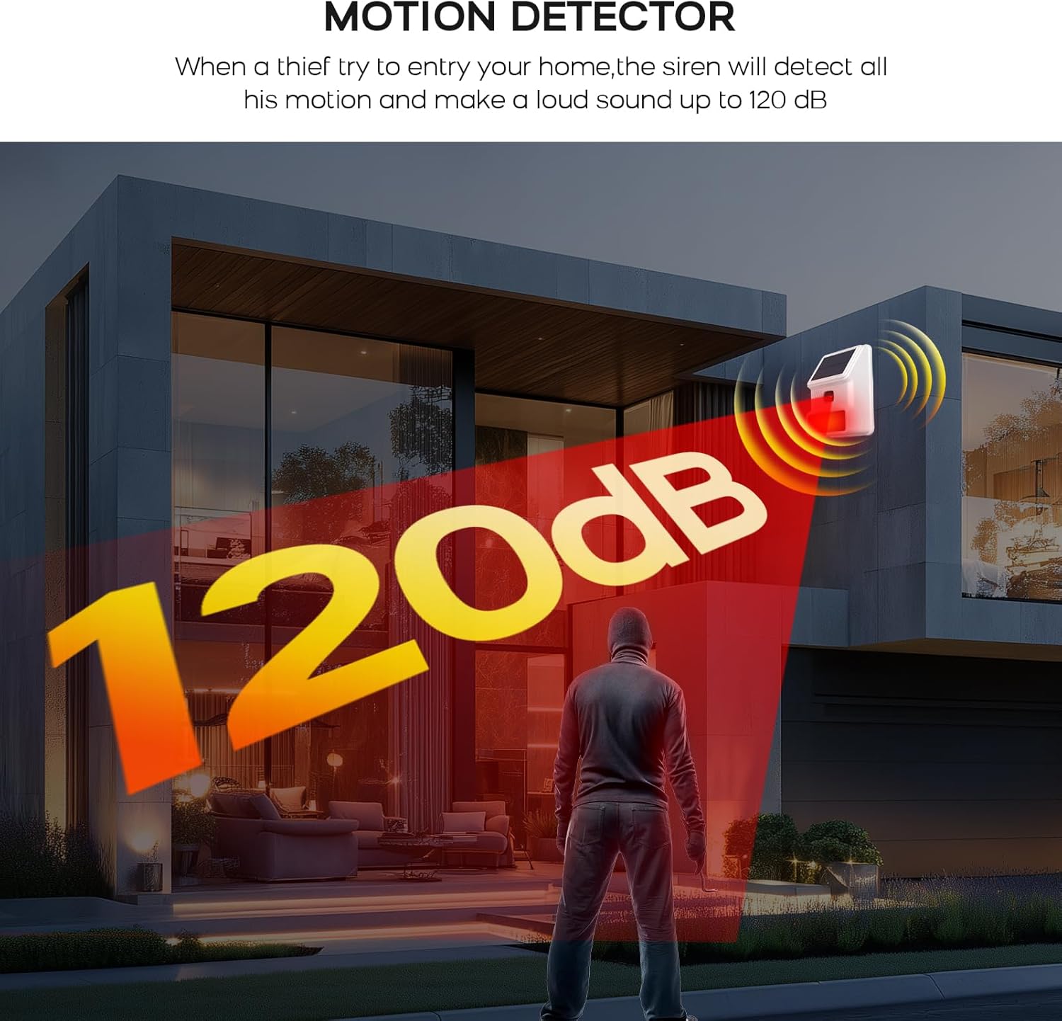 PGST Solar Alarm Motion Detector,Outdoor Security Siren Sensor with Flashing Light,IP65 Waterproof,Remote Control,21 Sound Switching Options,120dB Loud Noise Maker for Farm,Yard,Garden,Fish Pond
