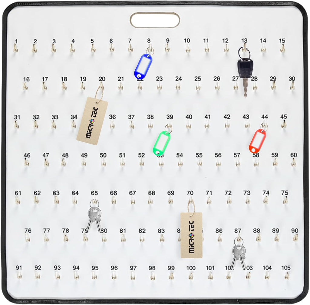 MICRO TEC Masonite Key Holder Wall Mount with 105 Spring-Lock Hooks 32E x 29.5" – Wall Mounted Key Organizer Board with Metal Trim and Handle – Dealership, Office, Garage Key Rack Cabinet - Pack of 1