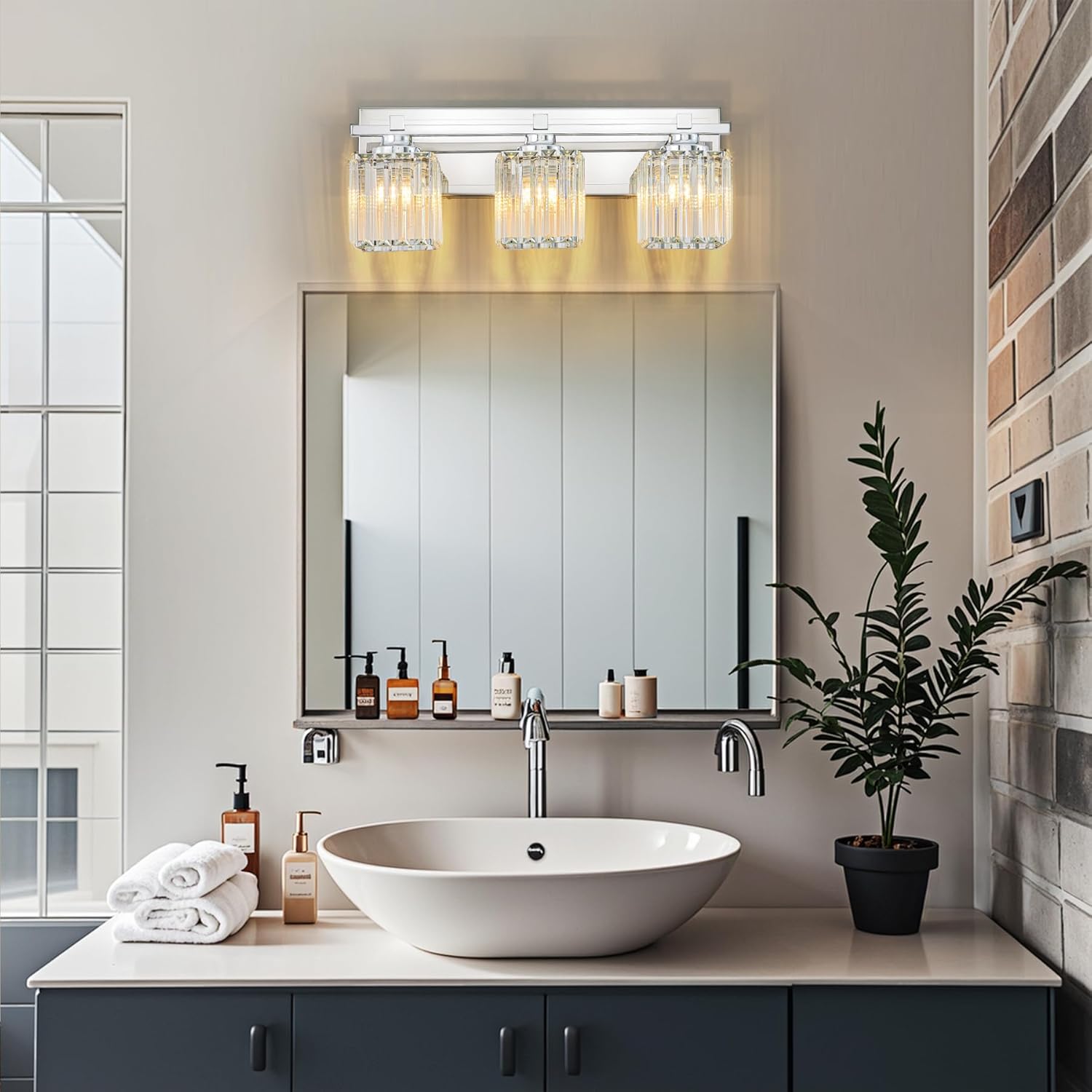 Crystal Bathroom Light Fixtures, 3 Light Chrome Vanity Lighting Over Mirror with Crystal Shades, Modern Bathroom Vanity Light for Restroom, Bath, Cabinet and Powder Room