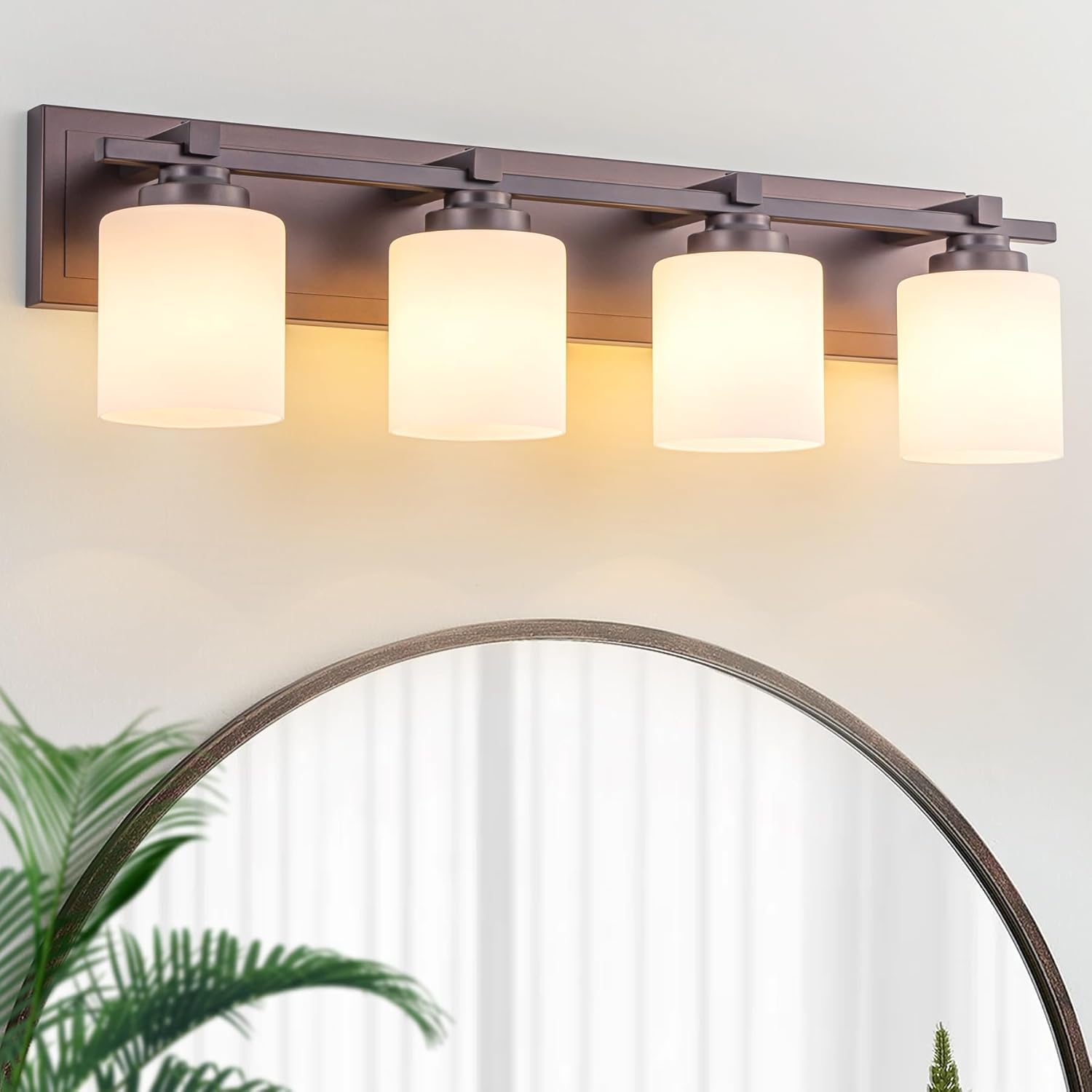 4 Light Modern Bathroom Light Fixtures Over Mirror, Bronze Finish Vanity Lights for Bathroom Wall Sconces with Milky White Glass Shades, E26 Socket (Bulbs Not Included)