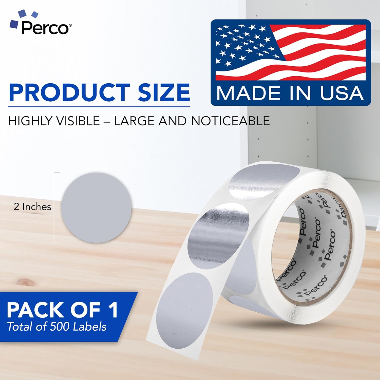 Perco Silver 2-Inch Round Circle Dot Sticker Labels with Permanent Adhesive for Wedding Invitations - 500 Labels per Roll - Vibrant Colors, Strong Adhesion - Made in USA