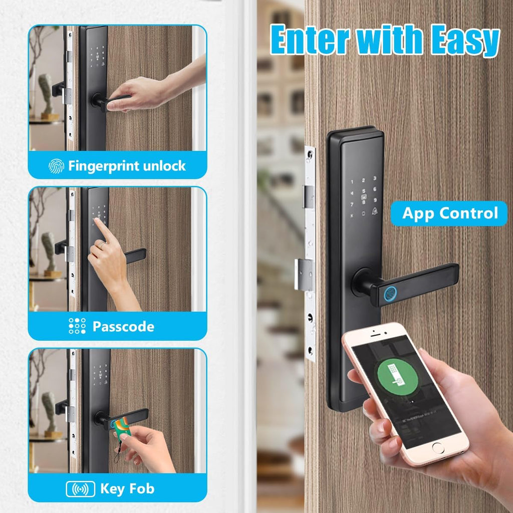 Fingerprint Door Lock with Handle - Tuya App Control & Mechanical Key Backup - 5-in-1 Keyless Entry Smart Lock - Fits 1.38-4.72inch Doors, Auto Lock & USB Emergency Power for Home, Office
