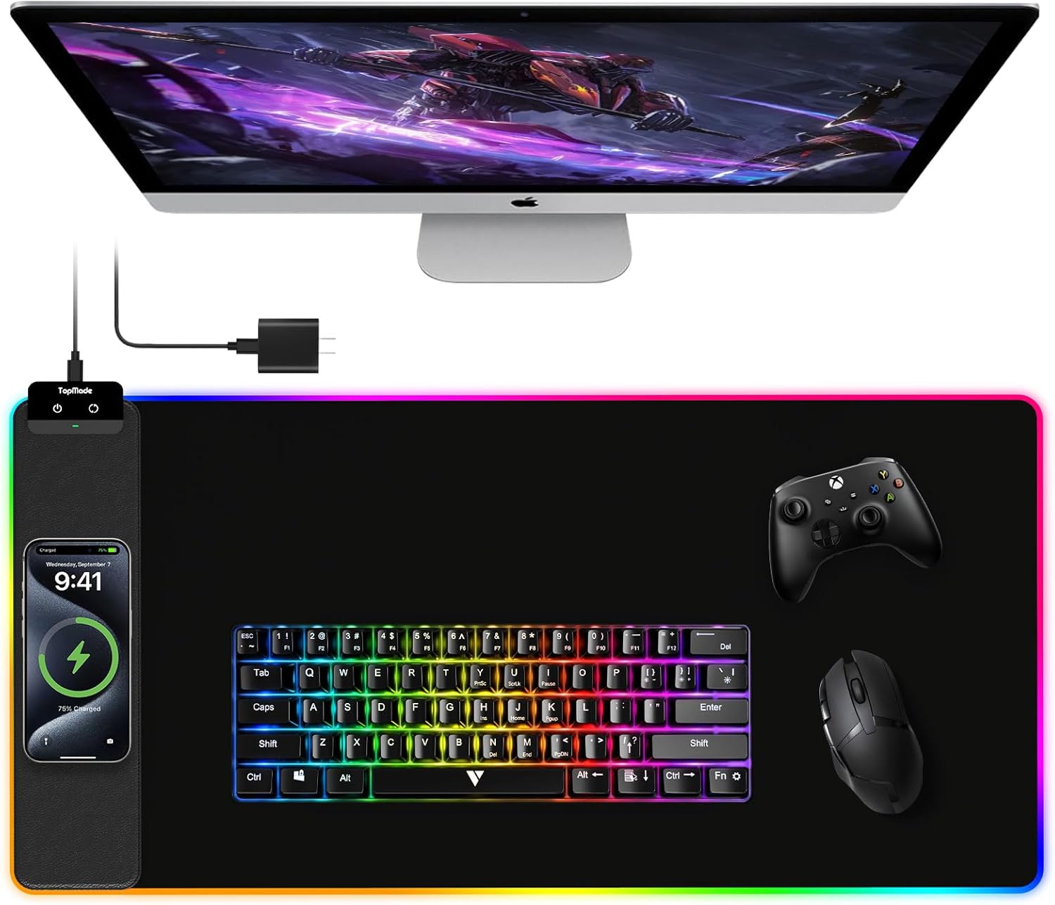 TopMade Mouse Pad with Wireless Charging, 31.5" x 15.75" Large Desk Mat RGB Gaming Mousepad, LED Desk Pad Keyboard Pad, Waterproof Desk Pad (Includes 20W PD Power Adapter & 6.56ft Woven Cable)
