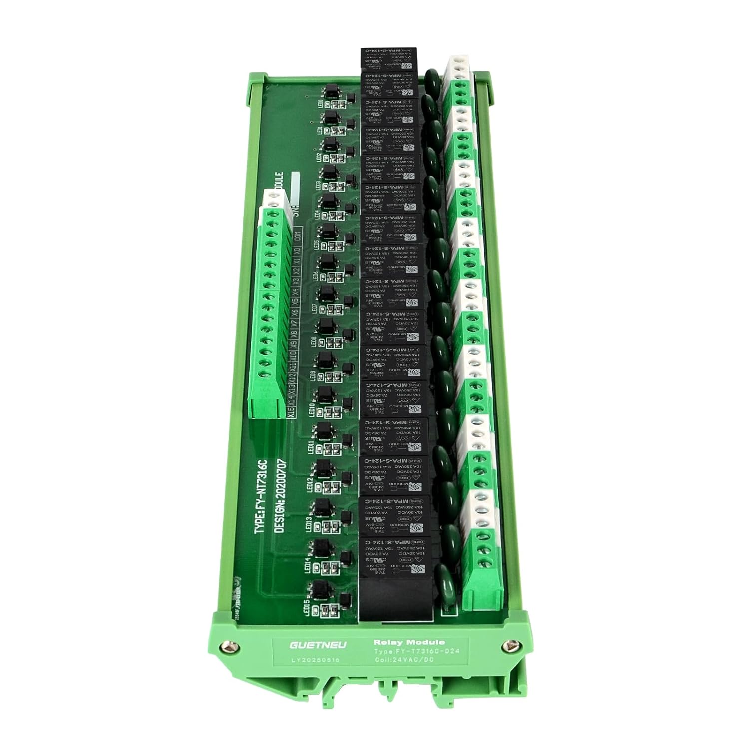 Relay Board, 16 Channel 1 SPDT DIN Rail Mount 24V DC/AC Relay, Interface Board