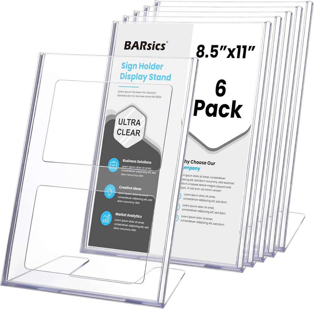 BARsics Plastic Sign Holder 8.5x11 Clear, Top-Load Paper Standing Display (Pack of 6)