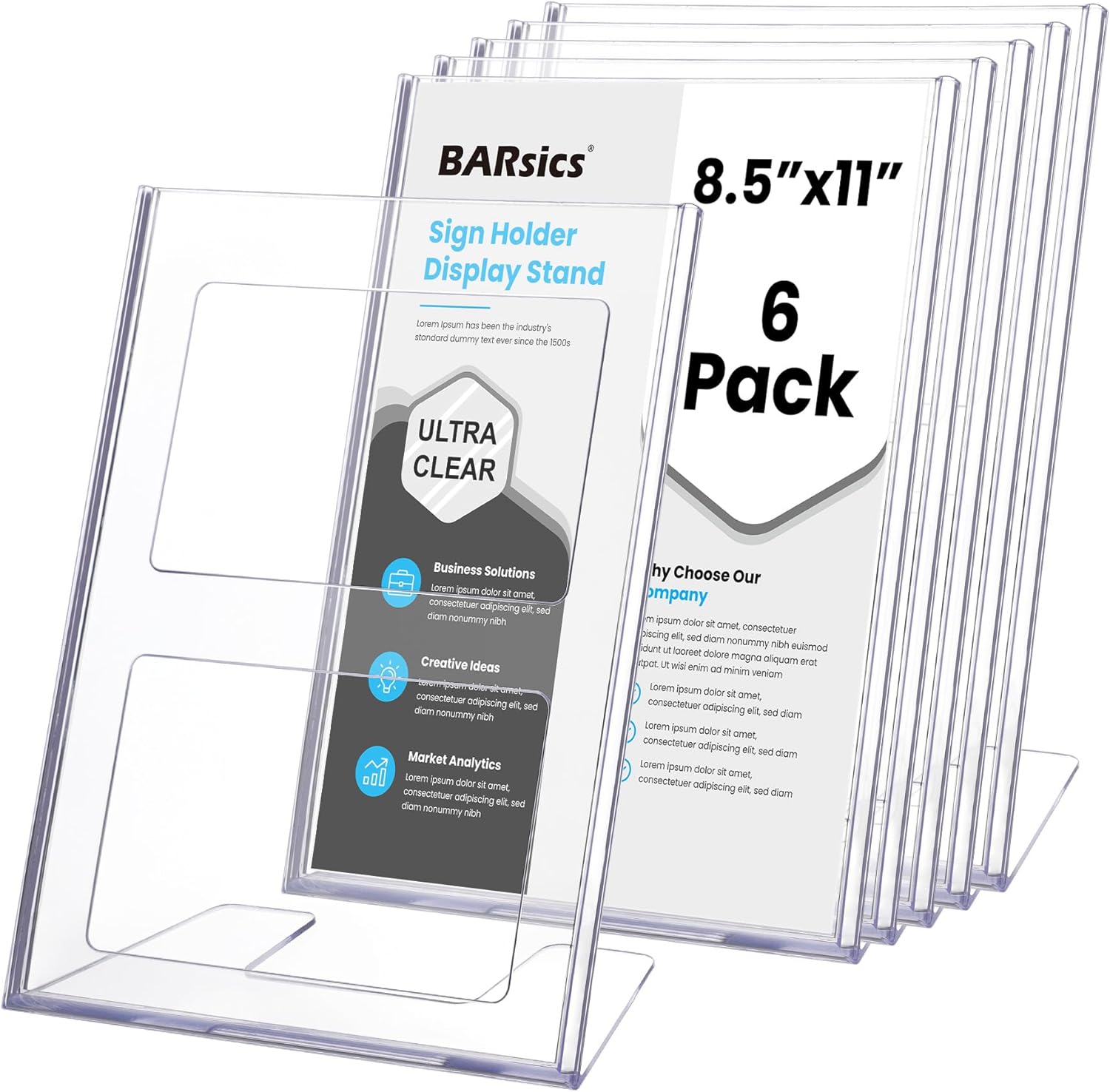 BARsics Plastic Sign Holder 8.5x11 Clear, Top-Load Paper Standing Display (Pack of 6)