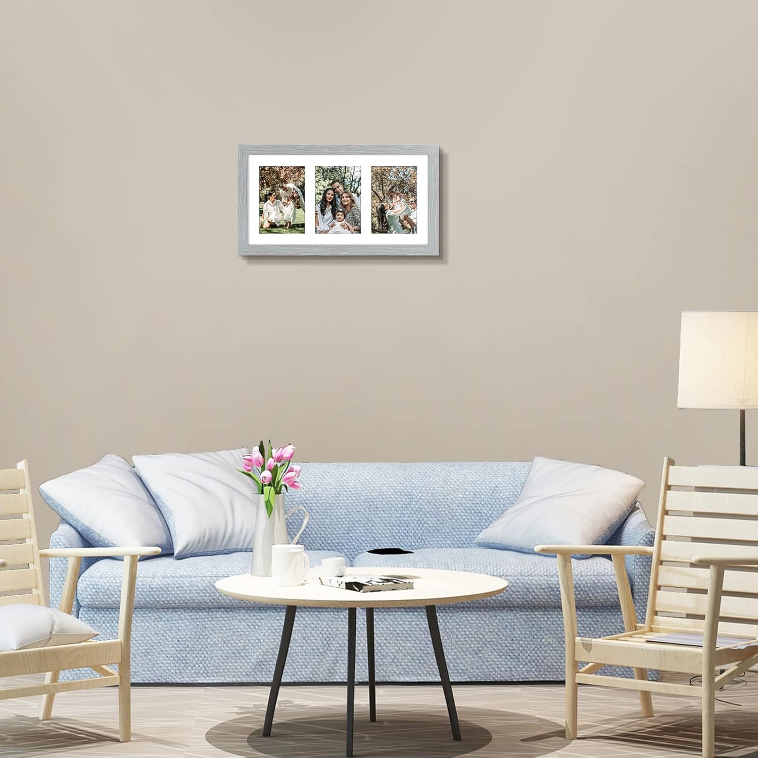 Golden State Art, 9x18 Grey Wood Frame - White Mat for Three 5x7 Pictures - Sawtooth Hangers - Swivel Tabs - Wall Mounting - Landscape/Portrait - Real Glass - Collage Frame