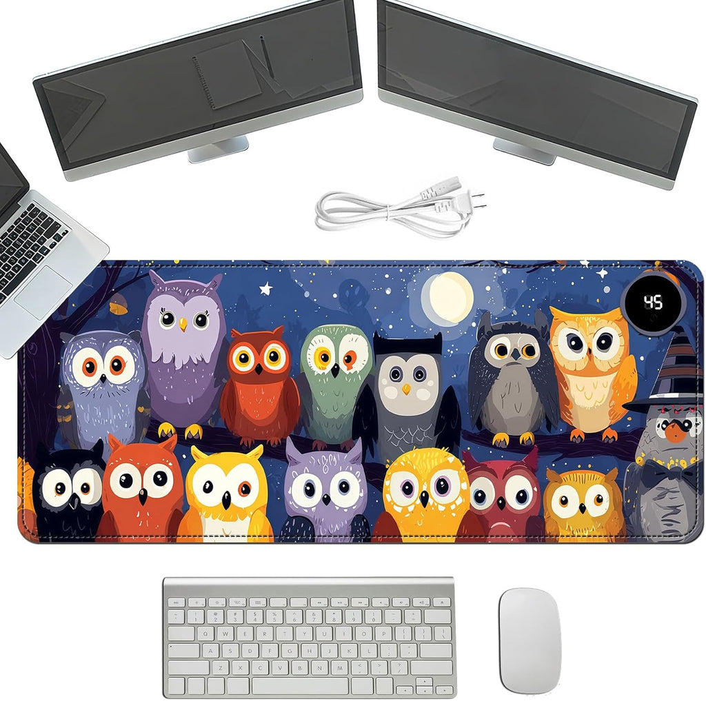Heated Mouse Pad with 3 Temperature Settings(104°F–122°F),Large 31.5x13 Inch PU Leather Heated Desk Mat,Waterproof Warming Pad for Office,Gaming & Cold Hands Relief,Colorful Night Owls