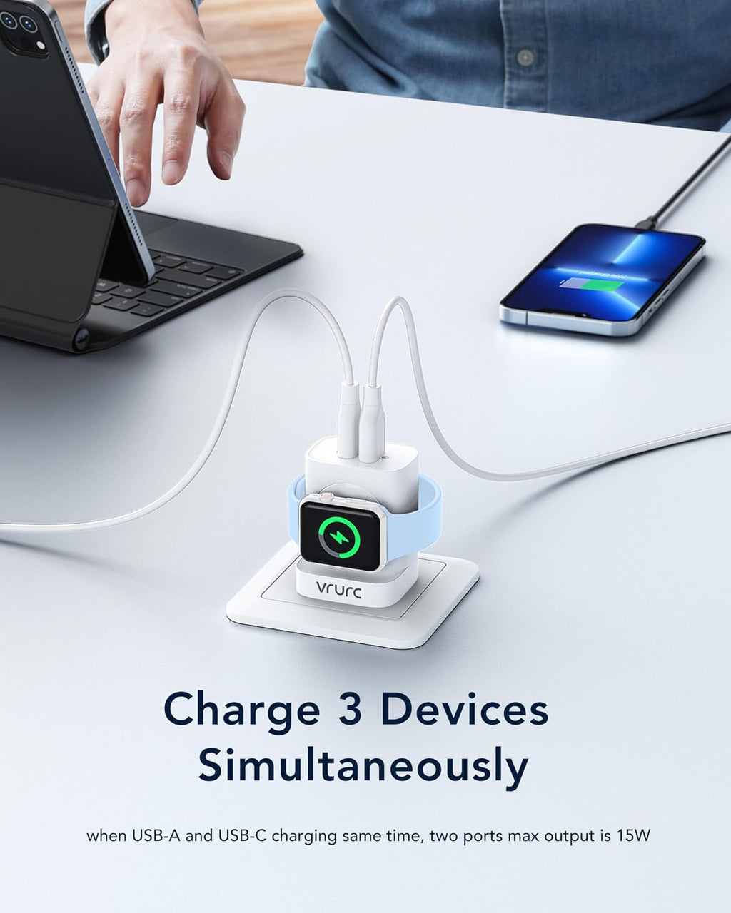 VRURC Charger for iPhone & Apple Watch, 20W USB C Fast Charging Block, 3-in-1 Compact Travel Adapter with 2 Port for iPhone 17/16/15/14/13, Wireless Magnetic for iWatch SE/11/10/9/8/7/6/5/4-White