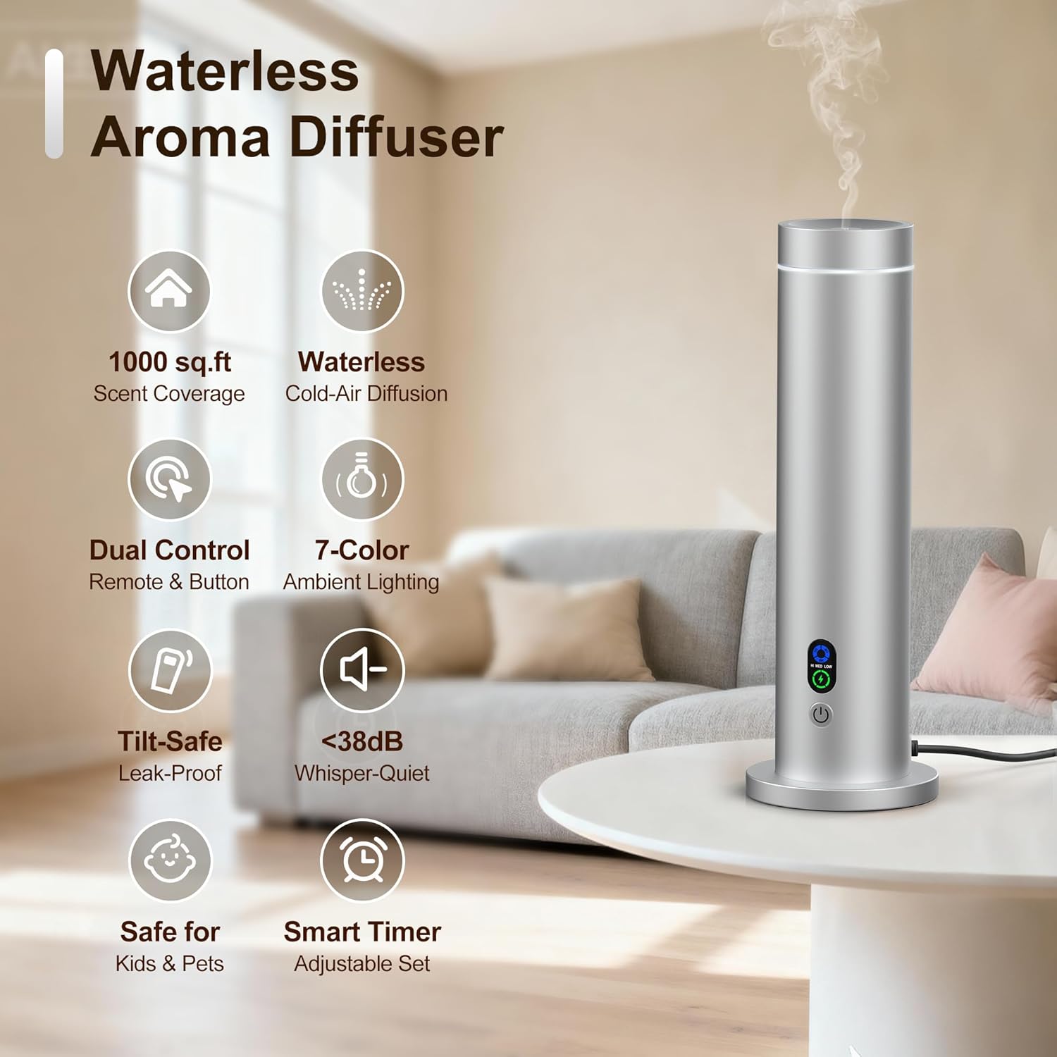 Maromalife Waterless Diffuser, 1000 Sq.Ft Coverage, Essential Oil Diffuser with Tilt-Safe, Remote Control, Adjustable Mist, Mood Lights Aromatherapy Diffuser for Home, Room, Office, Hotel, Silver