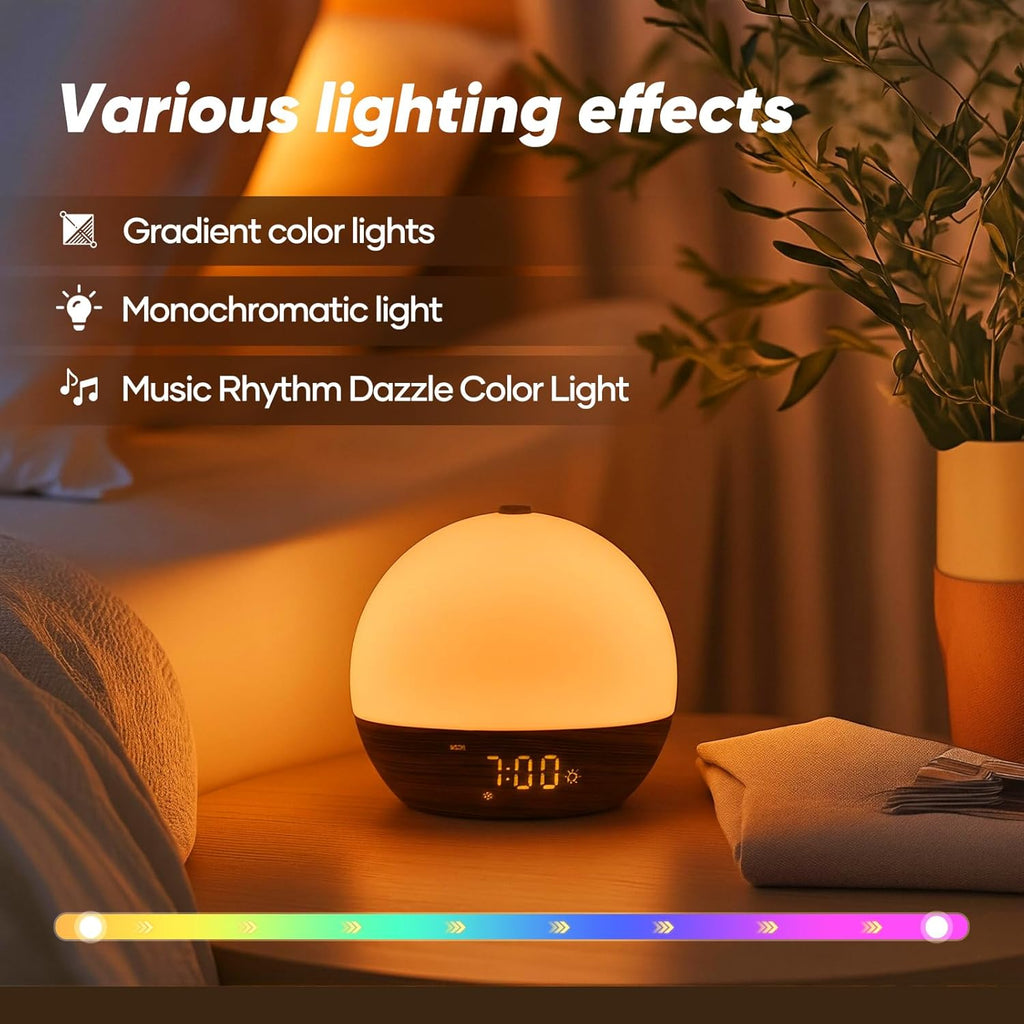 Stillstorm Sunrise Alarm Clock, Sound Machine, Wood Grain Dimmable Night Light for Heavy Sleepers, White Noise Machine for Baby, Dual Alarm Function 30 Sleep Sounds, Wake Up Light with 17 Effects