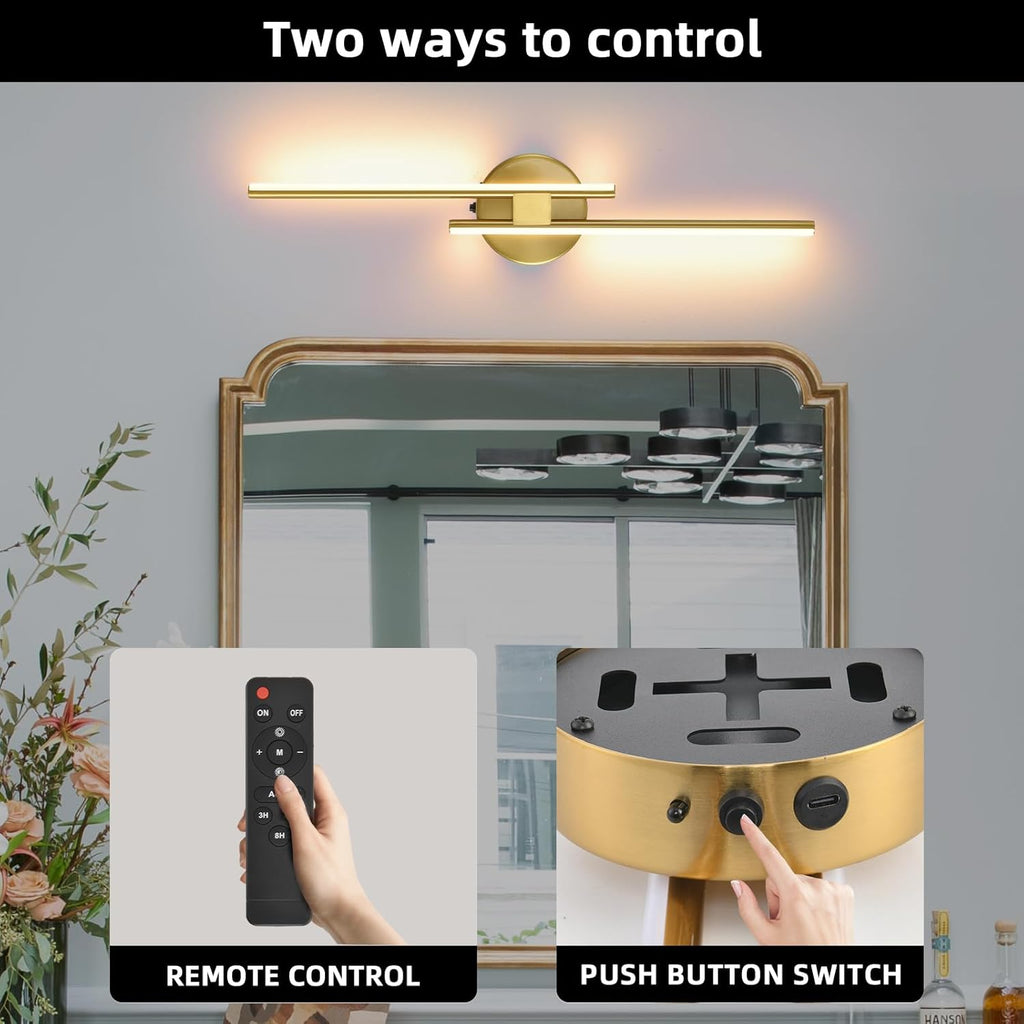 Battery Operated Wall Sconce Set of 2,Gold 23.6" 3000K-6500K LED Dimmable Wall Sconces with Remote Control,Wireless Wall Light USB Rechargeable for Bedroom Hallway Living Room Background Wall Lighting