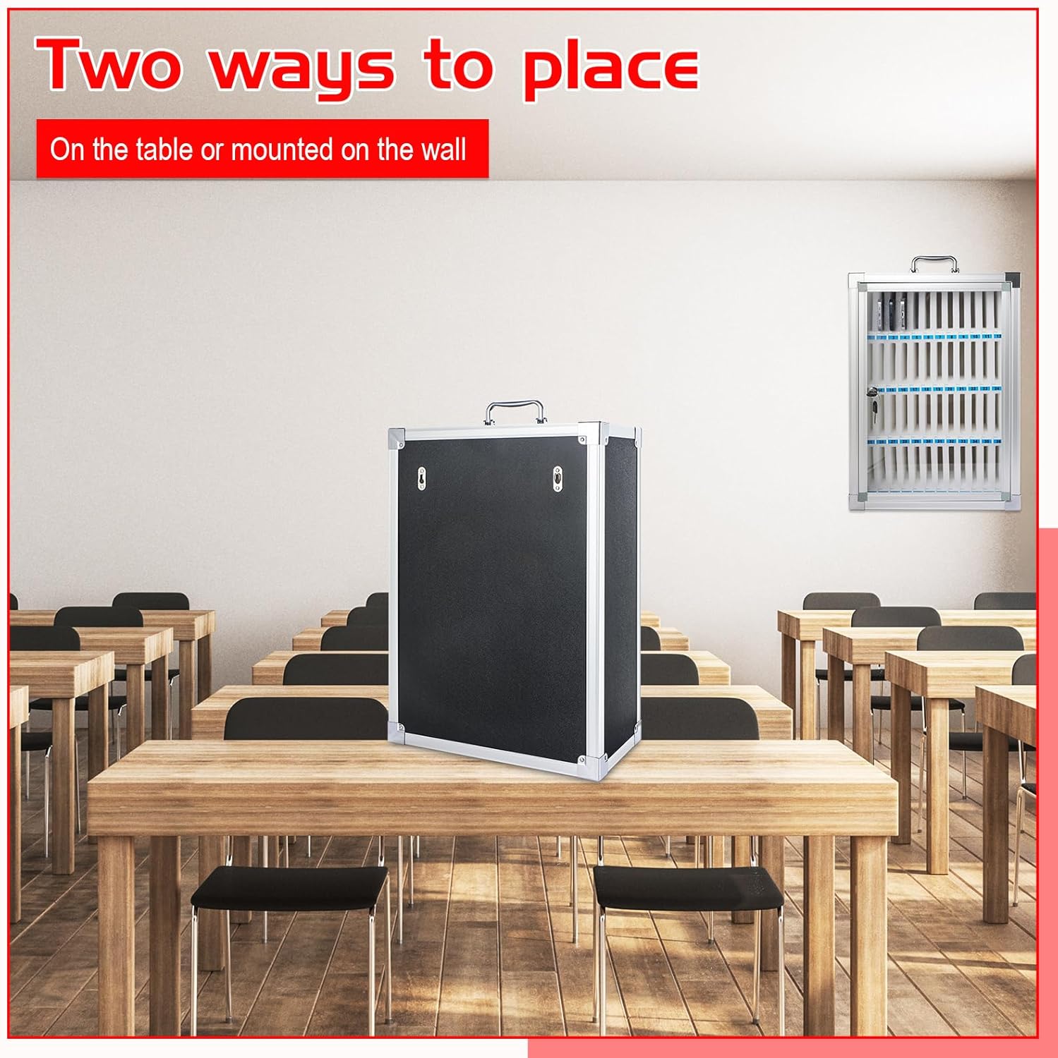 Amylove 48 Slots Cell Phone Locker Cabinet Aluminum Alloy Pocket Chart Storage Locker Box Cabinet Wall-Mounted Cell Phones Storage Box with Handle for Office Classroom Gym(Black)