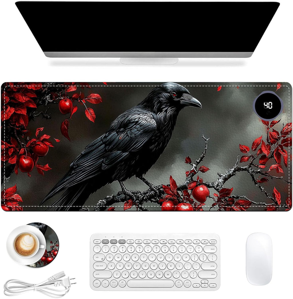 Heated Mouse Pad 31.5x13 in 3-Temp Fast Heating Desk Mat with Auto Timer Warmer for Hands Wrist Pain Relief Waterproof Keyboard Mat for Office, Gaming, Home, Raven Red Berries