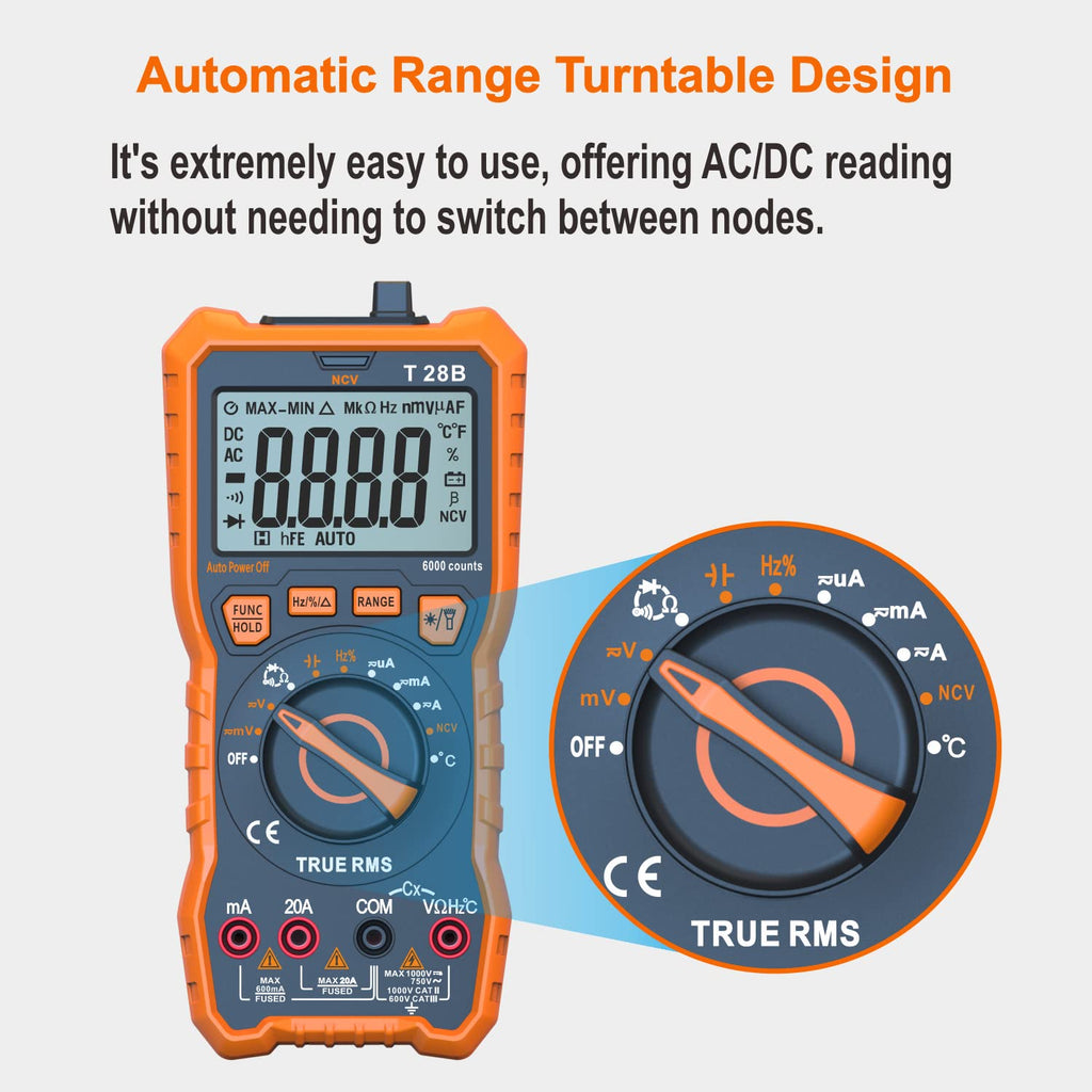 True RMS Digital Multimeter Tester, Auto-Ranging AC DC 20A Ohmmeter 1000V Voltmeter with NCV, Measure Voltage Current Amp Resistance Diode Continuity Duty-Cycle Capacitance Temperature, for Home Auto