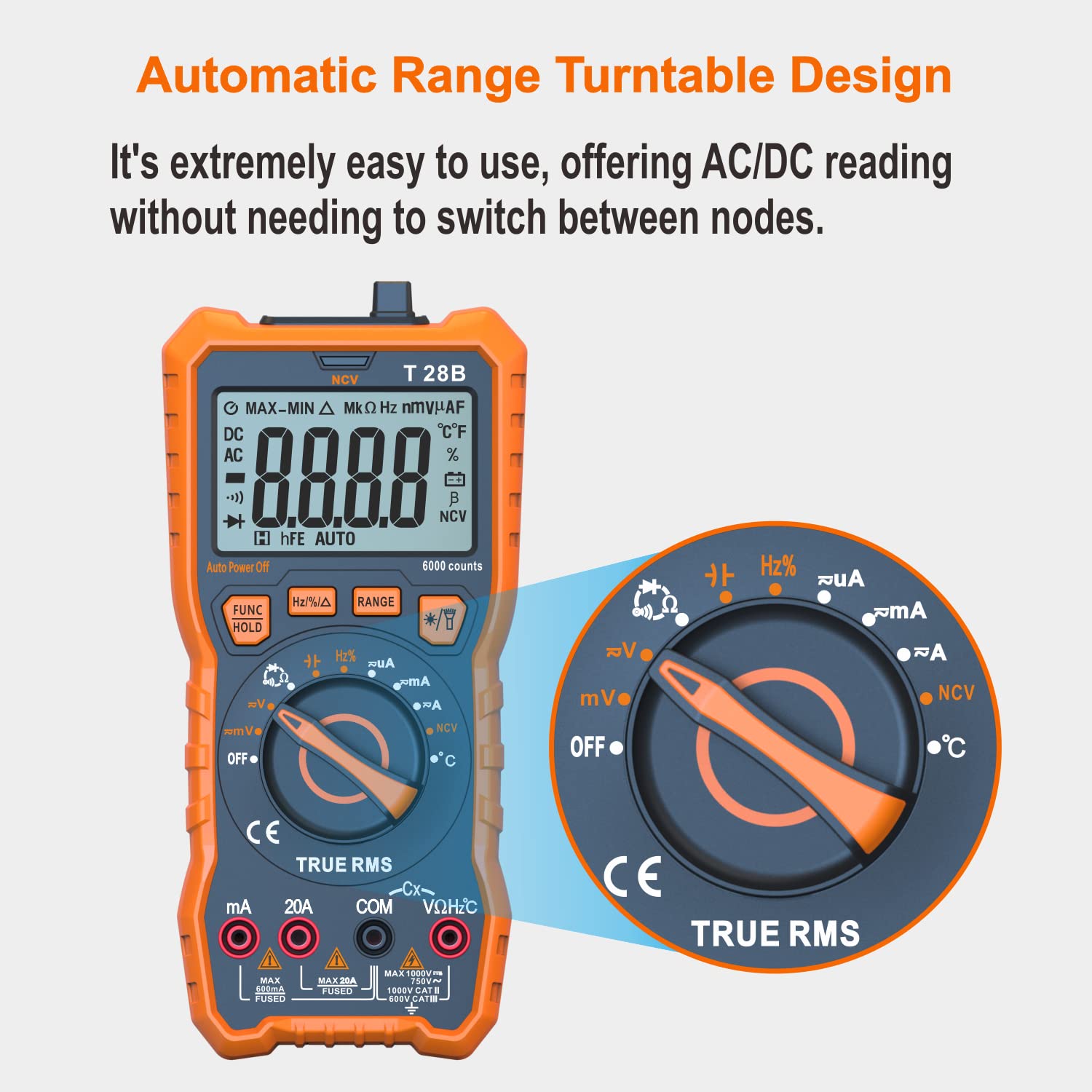 True RMS Digital Multimeter Tester, Auto-Ranging AC DC 20A Ohmmeter 1000V Voltmeter with NCV, Measure Voltage Current Amp Resistance Diode Continuity Duty-Cycle Capacitance Temperature, for Home Auto