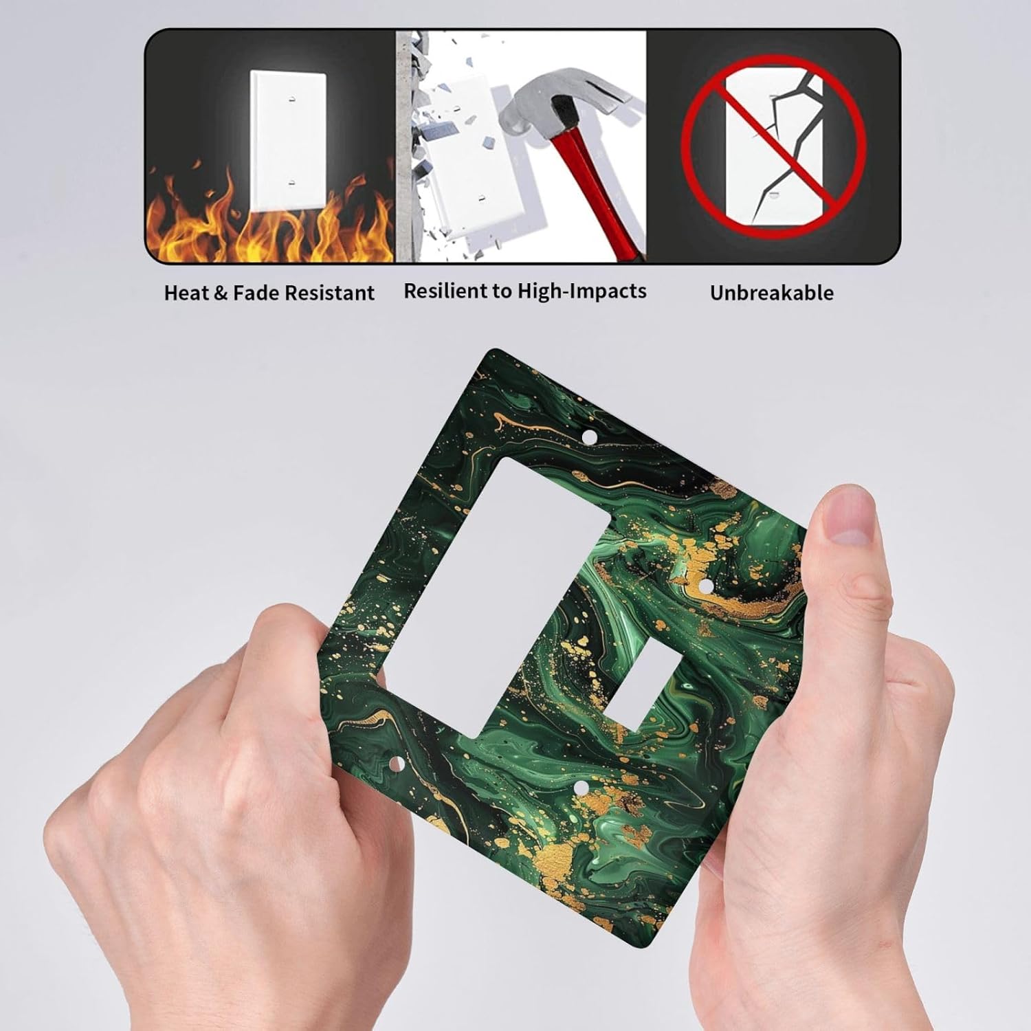 Green/Gold Modern Abstract Luxury Marble 2 Gang Combo 1 Toggle 1 Rcoker Light Switch Covers Decorative Switch Plates Electrical Switch Plates and Outlet Covers for Home Art Decor 4.5 X 4.5 IN
