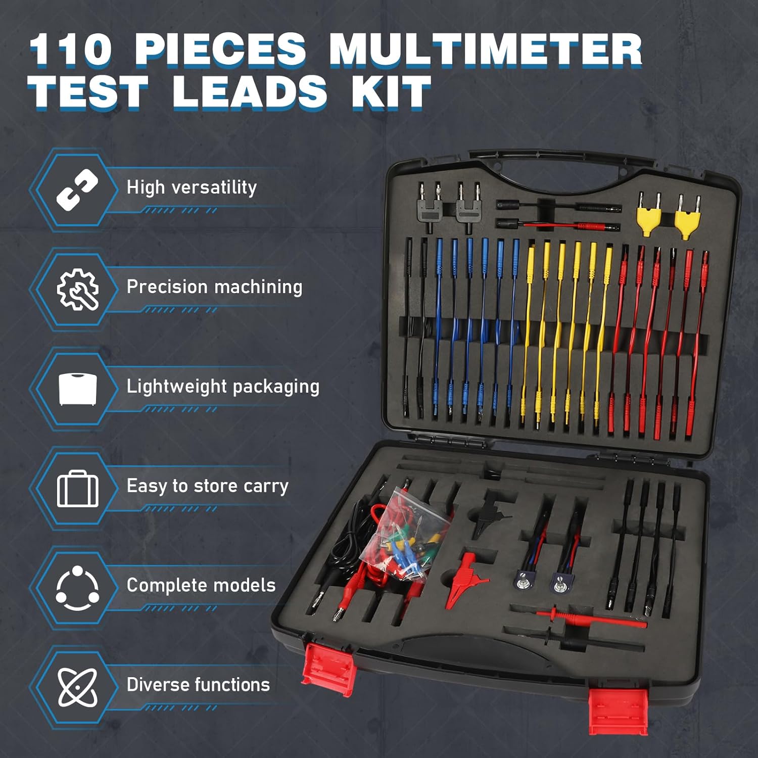 110PCS Automotive Circuit Test Lead Kit, Multimeter Leads Kit,Multi Function Auto Diagnostic Tools with Power Back Probes Test Lead Set Wire Connectors Set with Black Carrying Case,Alligator Clips
