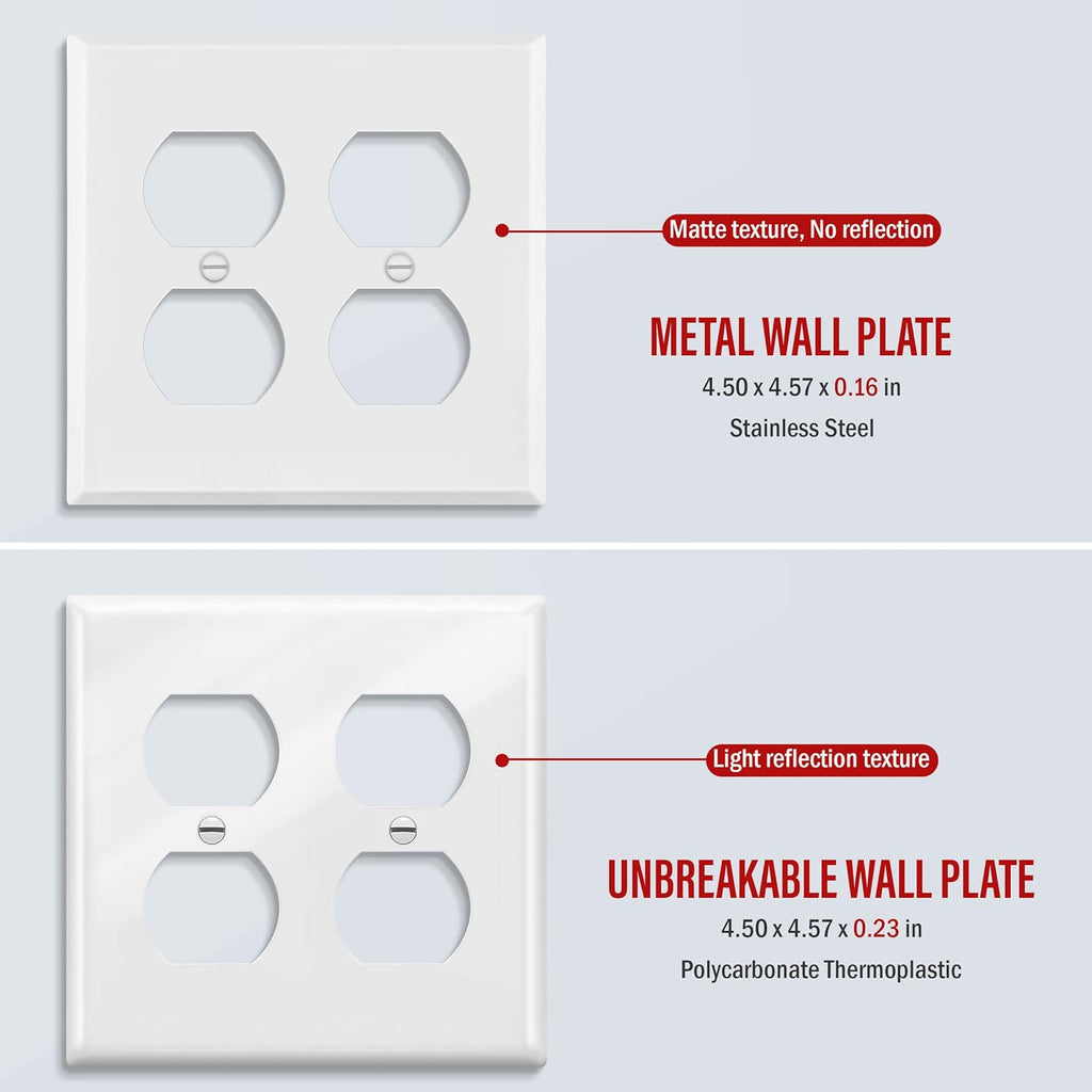ENERLITES Double Duplex Receptacle Metal Wall Plate, Outlet Cover, Corrosion Resistant, Standard Size 2-Gang 4.50" x 4.57", Powder Coated Stamped Steel, 7722-WM, White Matte