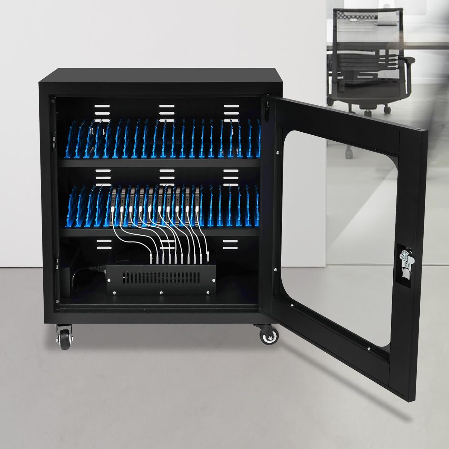 40-Port Mobile Phone Charging Station Cart - Heavy Duty Charging Cabinet for Schools & Offices, 400W Rechargeable Cellphone Locker Storage Lockable Tempered Glass Door & Wheels (Black)