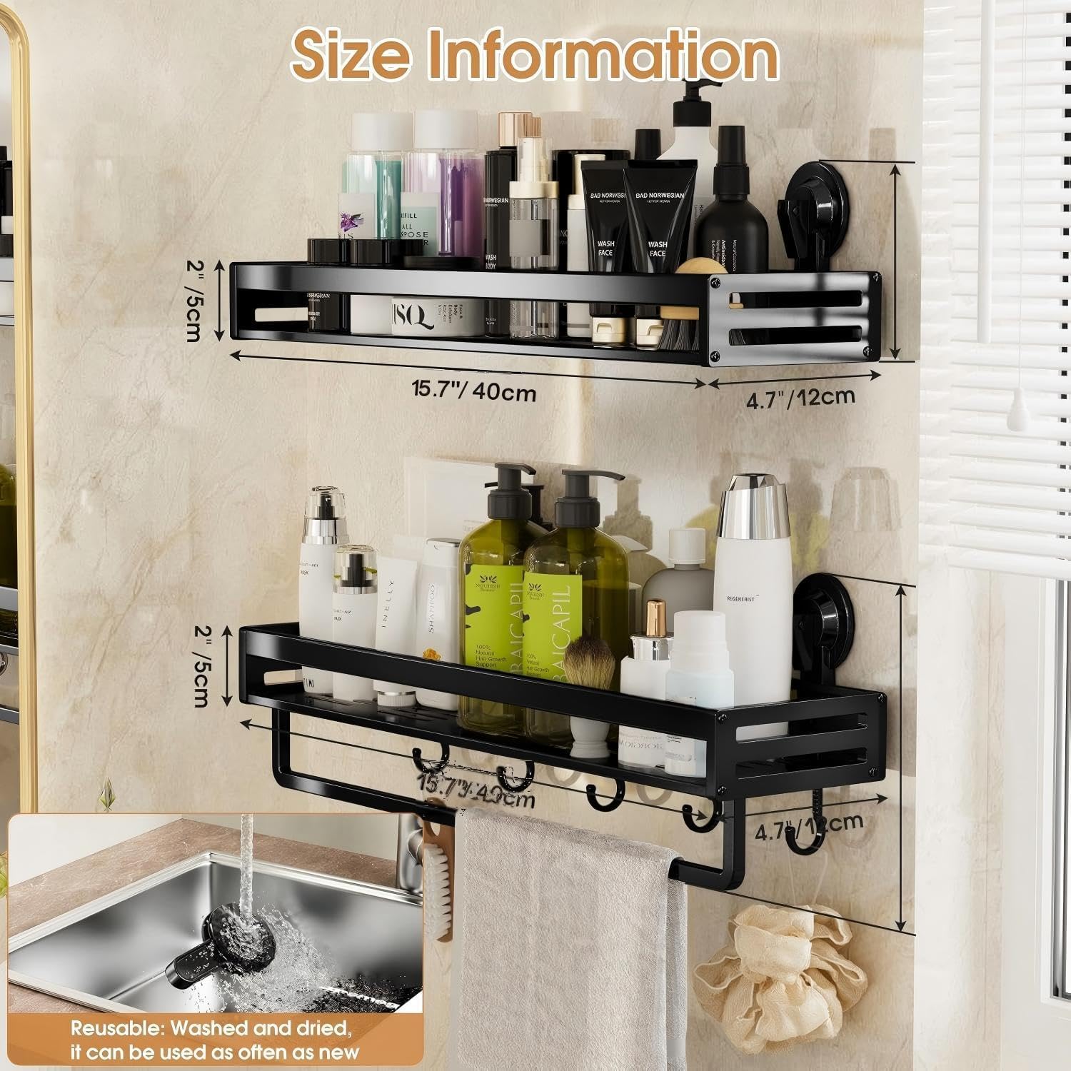 Shower Caddy Suction Cup, 15.8 inch 2 Pack Suction Shower Shelf with Hooks NO-Drilling Bathroom Holder, Rustproof Bathroom Organizer, Black,Includes 2 Extra Suction Cups for Replacement Use
