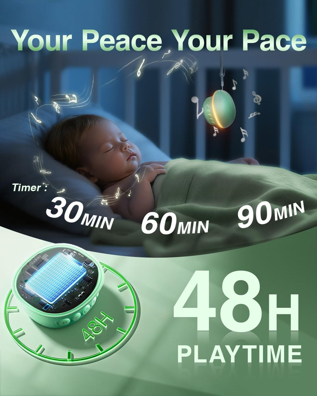 Portable White Noise Sound Machine with 20 Relaxing Sounds, 48H Playtime, 3 Timers & Night Lights, Memory, TF Card Mode & 10m Wireless Playback for Newborn Baby Gift, Adult, Mini for Home Sleep Office