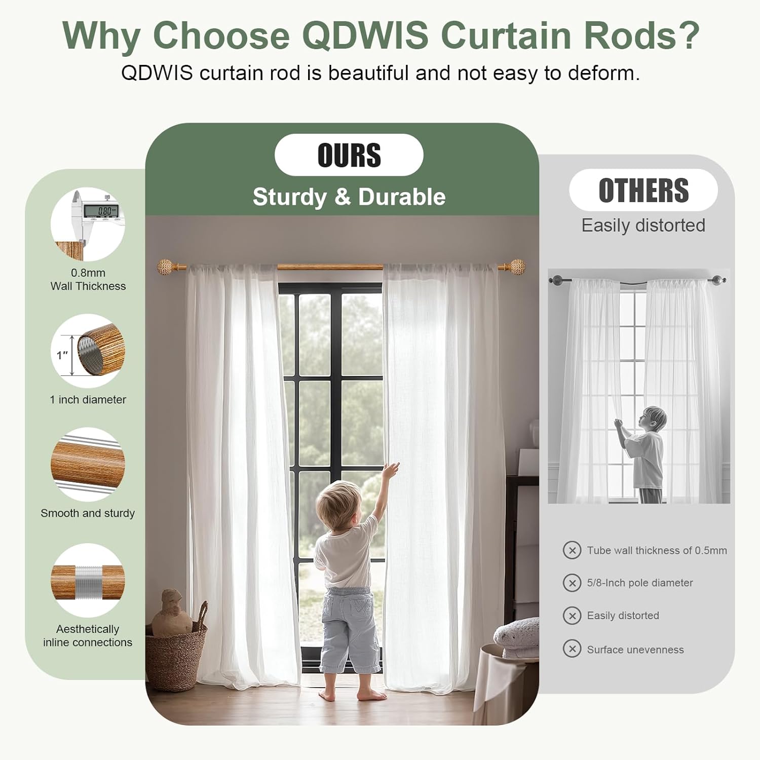 Imitation Wood Grain Curtain Rods for Windows 48 to 84 Inch,1 Inch Heavy Duty Adjustable Wood Curtain Rod,Boho Decorative Drapery Rods Set with Brackets,Size:36''-88''