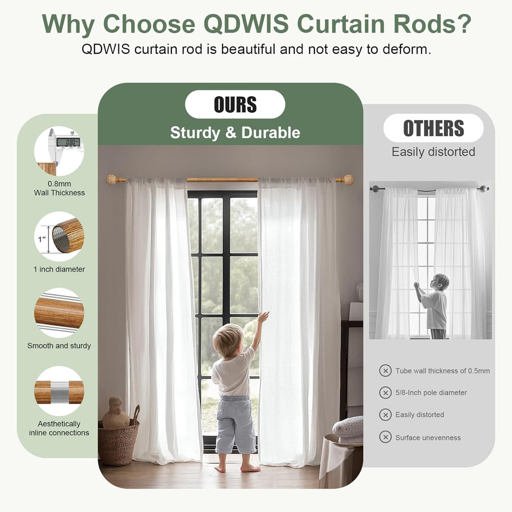 Imitation Wood Grain Ball Curtain Rods for Windows 48 to 84 Inch,1 Inch Heavy Duty Adjustable Wood Curtain Rod,Boho Decorative Drapery Rods Set with Brackets,Size:18''-88''