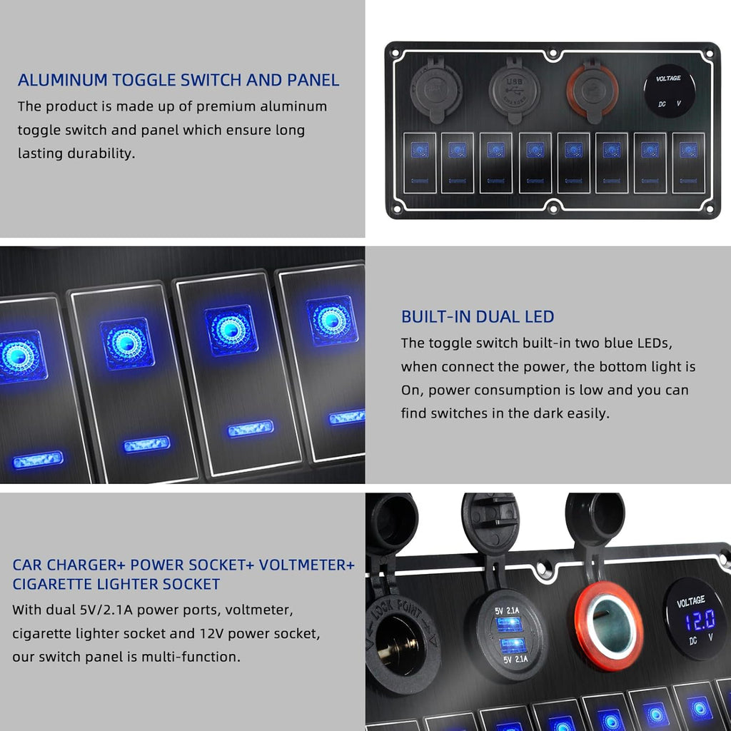 Waterproof 8 Gang Toggle Switch Panel with Dual USB Charger & Voltmeter - Overload Protection for RV, Marine, Car, Truck - Compatible with Auxbeam Boat Switch Panel