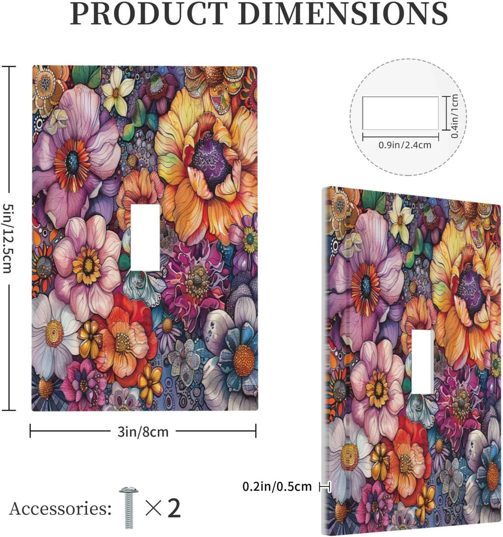 Decorative Light Switch Cover Colorful Bohemian Flowers Vintage Boho Floral 1 Gang Single Toggle Device Electrical Faceplate Switchplates Decorator Outlet Wall Plate for Bed Room Decor