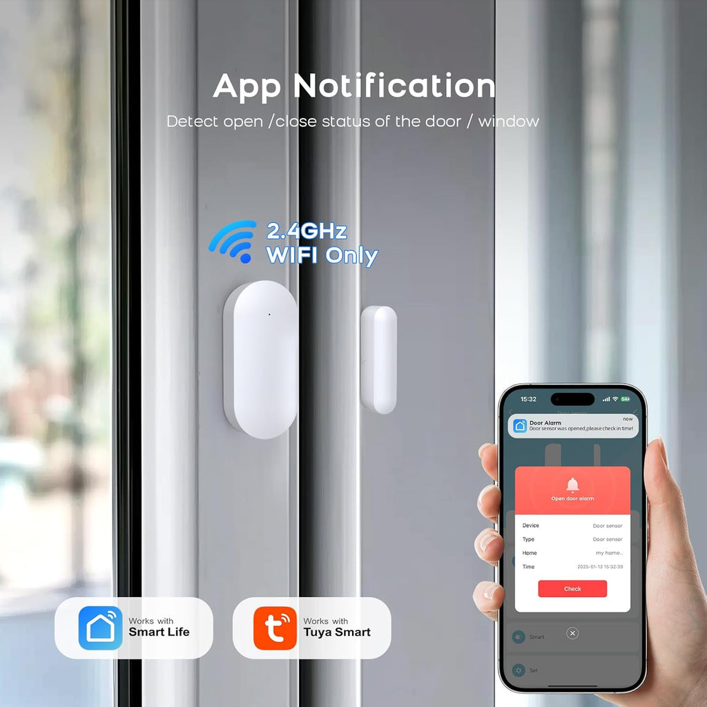 Door Alarm Window Sensors, Door Open Alarm Long Battery Life Wireless for Security Real-Time Notification WiFi Contact Sensor App Control No Monthly Fee, White