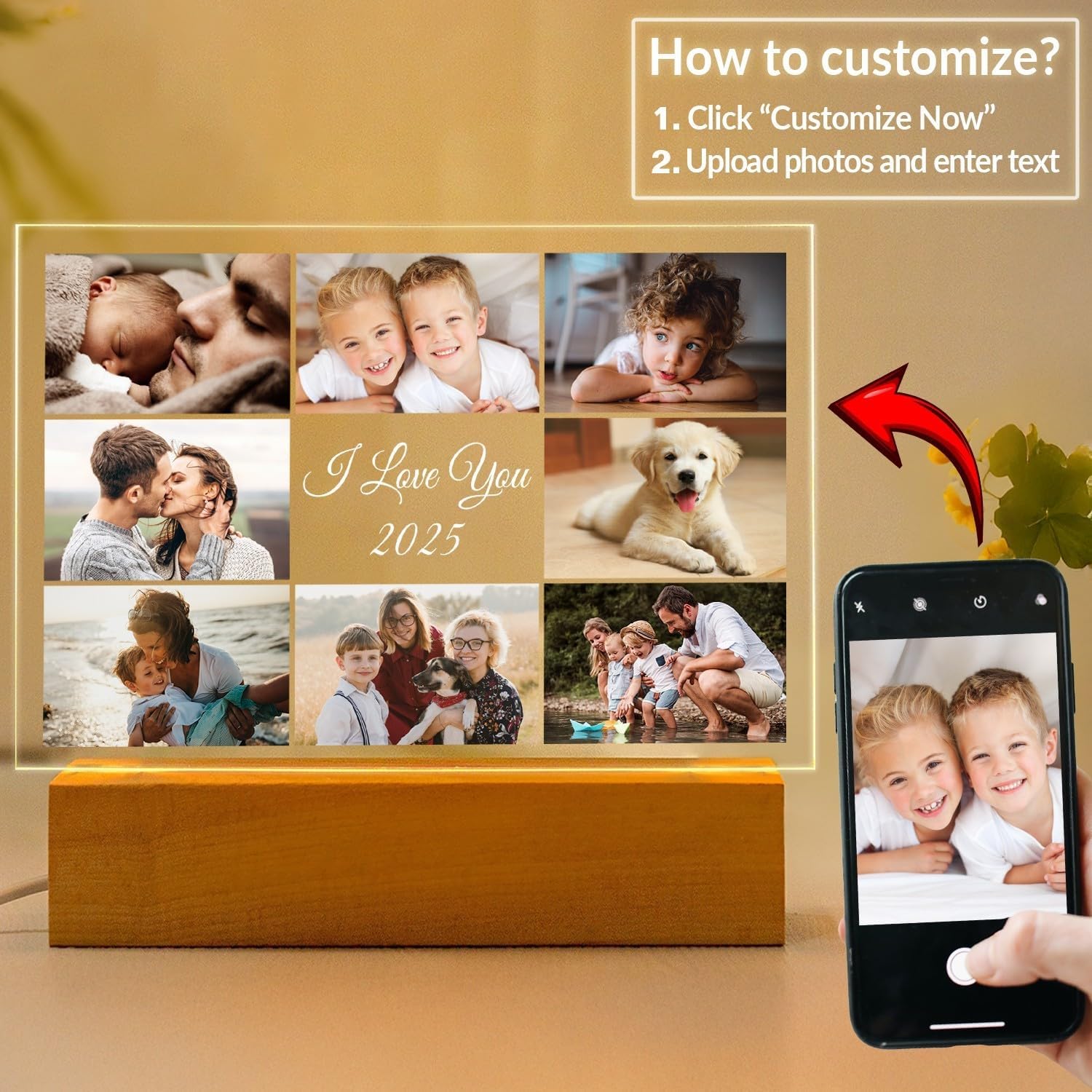 Custom Picture Frame with Photo, Personalized Photo Frame with Night Light, Customized Picture Frames, Personalized Valentines Day Gifts for Women Men Her Him Mom Dad Baby Kid Family Pet